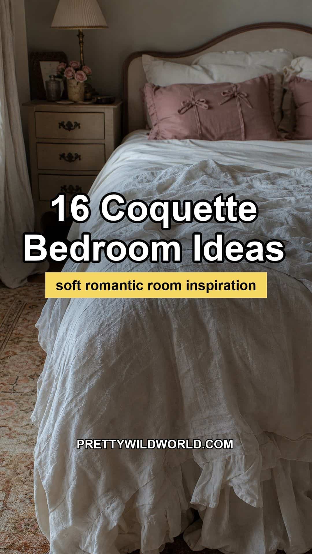 A vertical Pinterest pin for PrettyWildWorld featuring a soft romantic coquette bedroom with blush bedding, ruffled textiles, subtle bows, vintage gold accents, and natural daylight. The design highlights 16 Coquette Bedroom Ideas in large white rounded text with a black outline, a sunshine yellow subtitle bar, and PrettyWildWorld.com branding for saving romantic room inspiration. It gives readers a clear preview of the post topic for saving and returning to later.