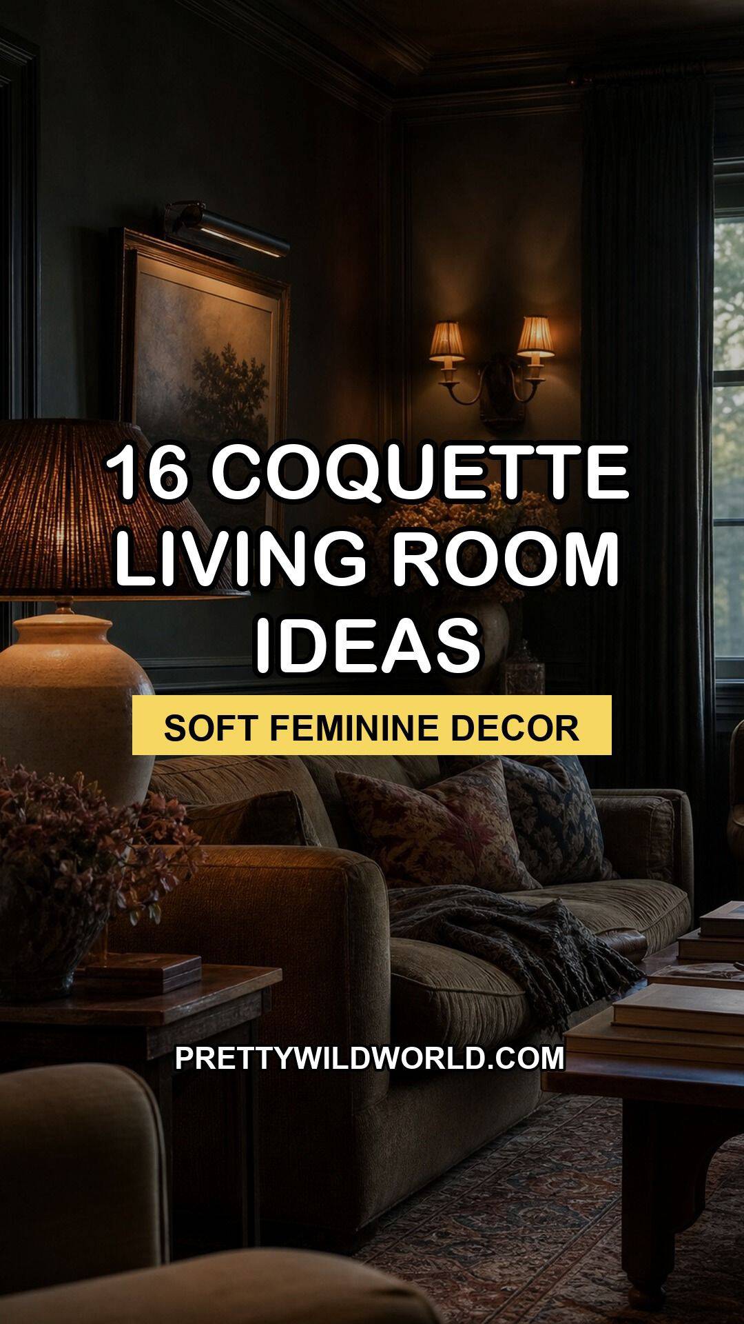 A vertical PrettyWildWorld Pinterest pin for coquette living room ideas with a romantic blush and cream living room background, bold white outlined title text, yellow subtitle bar, and the site name near the bottom. The pin highlights soft feminine decor inspiration for readers saving ideas about bows, florals, vintage mirrors, blush sofas, lace, and romantic styling. It is designed for Pinterest searchers looking for soft feminine living room decor.