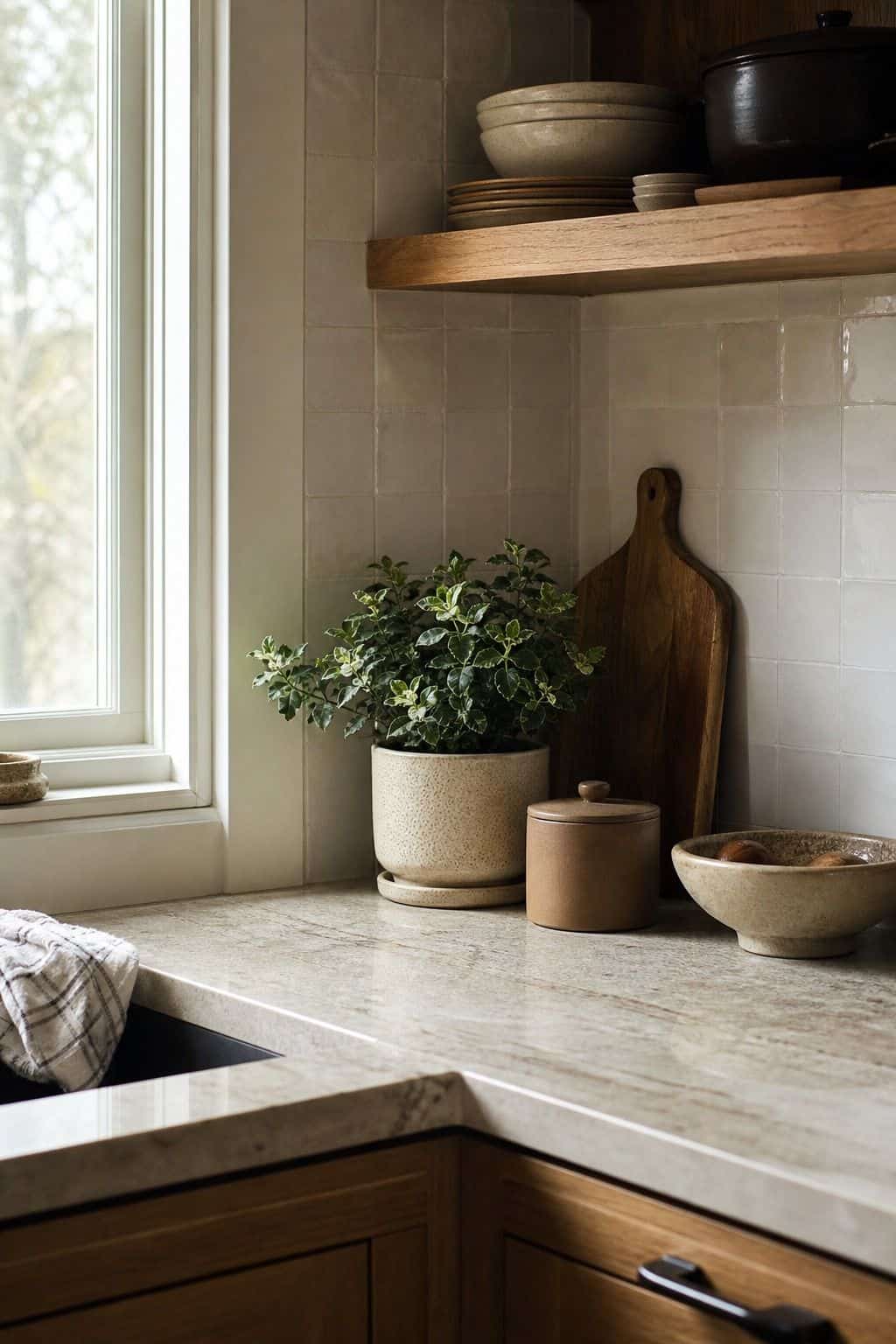 Add a Small Succulent or Potted Plant for Greenery shown as a realistic Pretty Wild World image for 15 Corner Countertop Decor Ideas for a Warm, Beautifully Styled Kitchen.