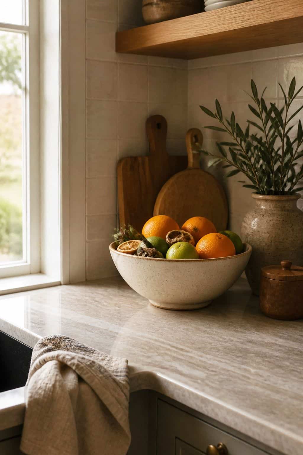 Display a Decorative Bowl Filled with Fruit or Fragrant Potpourri shown as a realistic Pretty Wild World image for 15 Corner Countertop Decor Ideas for a Warm, Beautifully Styled Kitchen.