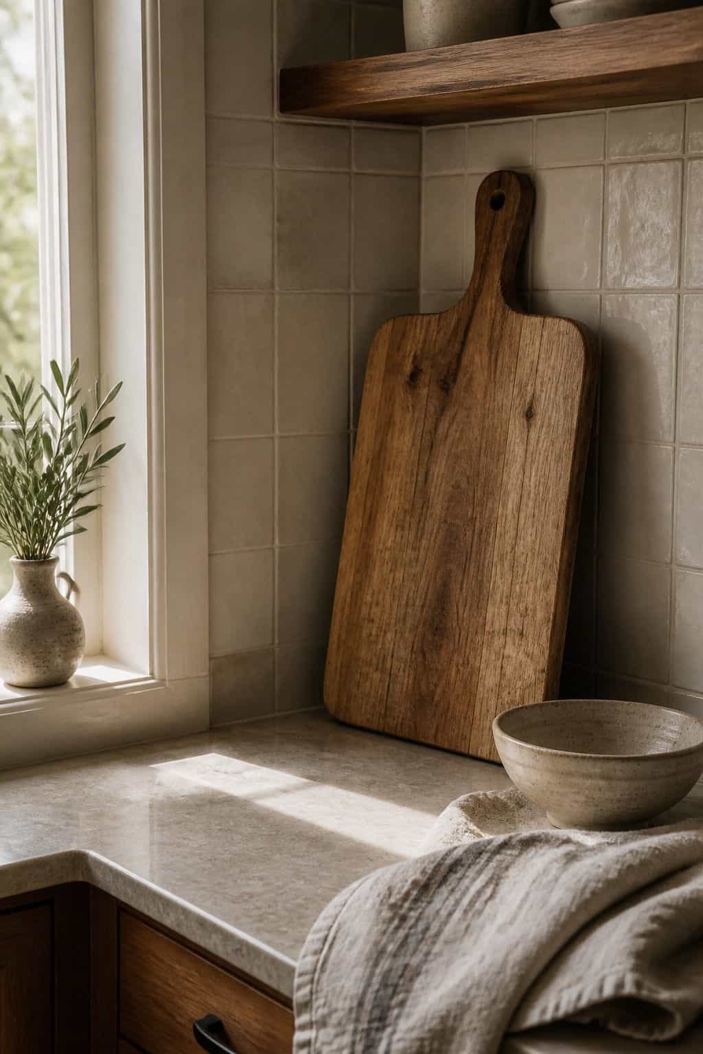 Lean a Beautiful Cutting Board Against the Backsplash shown as a realistic Pretty Wild World image for 15 Corner Countertop Decor Ideas for a Warm, Beautifully Styled Kitchen.