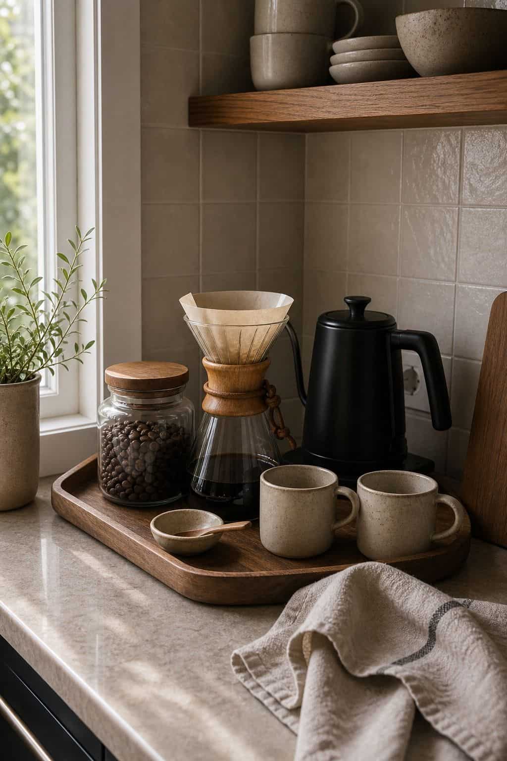 Create a Compact Coffee Corner with Mugs and Essentials shown as a realistic Pretty Wild World image for 15 Corner Countertop Decor Ideas for a Warm, Beautifully Styled Kitchen.
