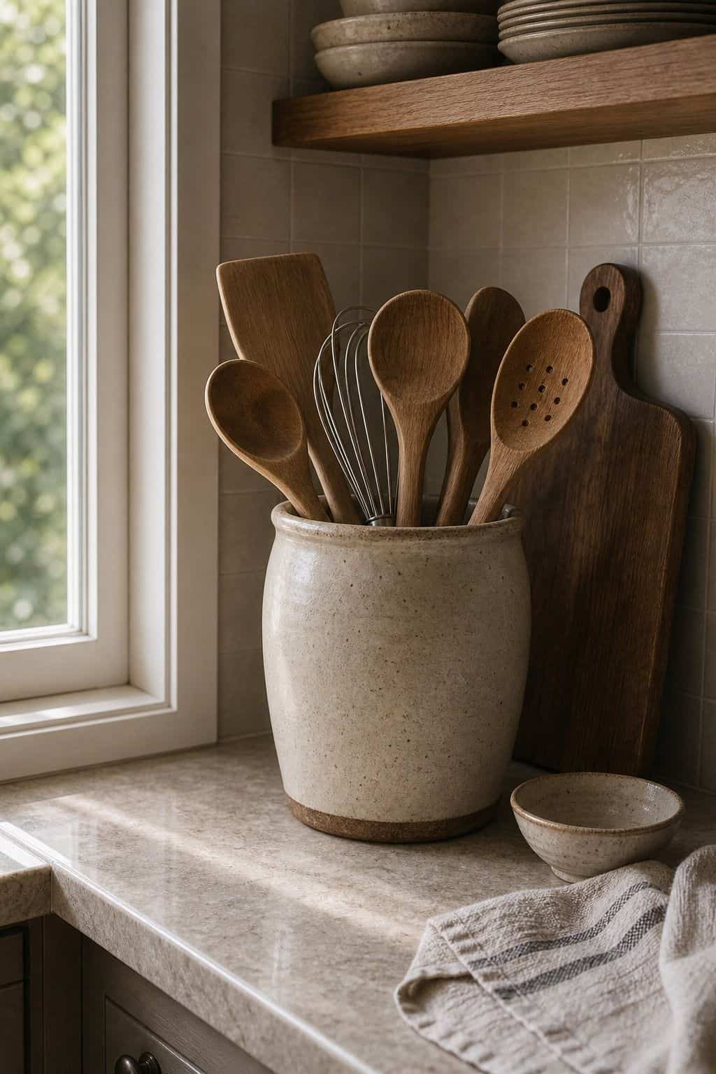 Store Kitchen Tools Like Wooden Spoons in a Decorative Jar shown as a realistic Pretty Wild World image for 15 Corner Countertop Decor Ideas for a Warm, Beautifully Styled Kitchen.