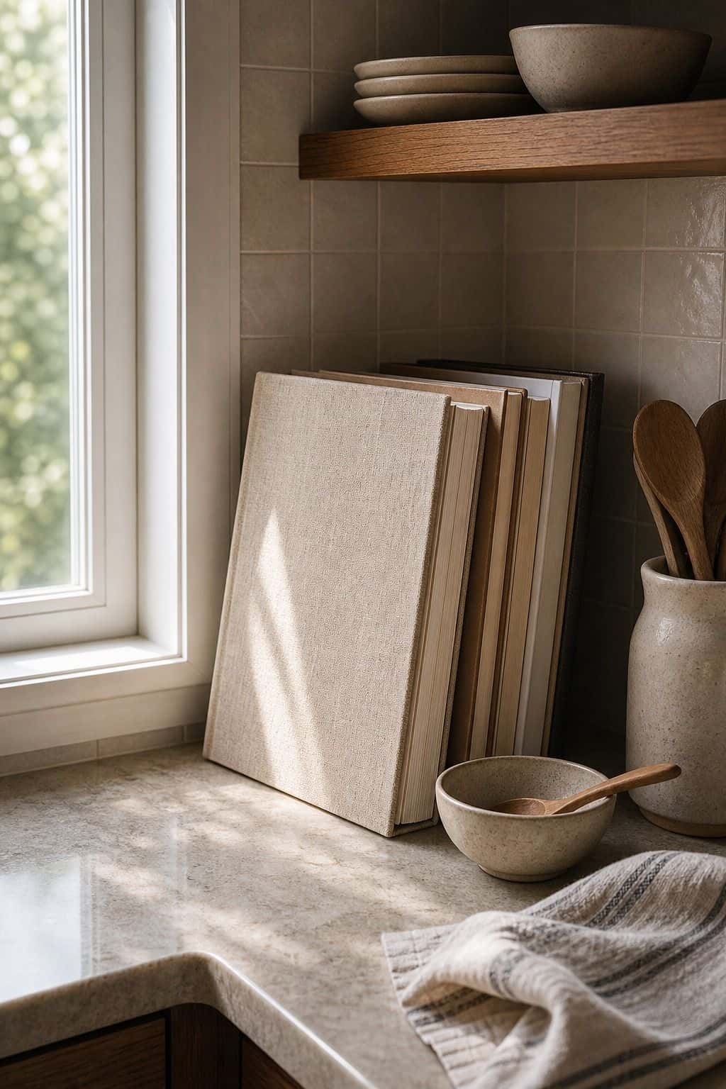 Stack Your Favorite Cookbooks or Recipes for Easy Reach shown as a realistic Pretty Wild World image for 15 Corner Countertop Decor Ideas for a Warm, Beautifully Styled Kitchen.