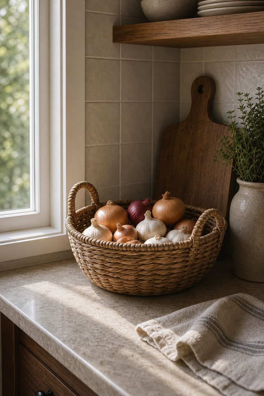 Use a Woven Basket to Hold Fresh Veggies Like Garlic or Onions shown as a realistic Pretty Wild World image for 15 Corner Countertop Decor Ideas for a Warm, Beautifully Styled Kitchen.