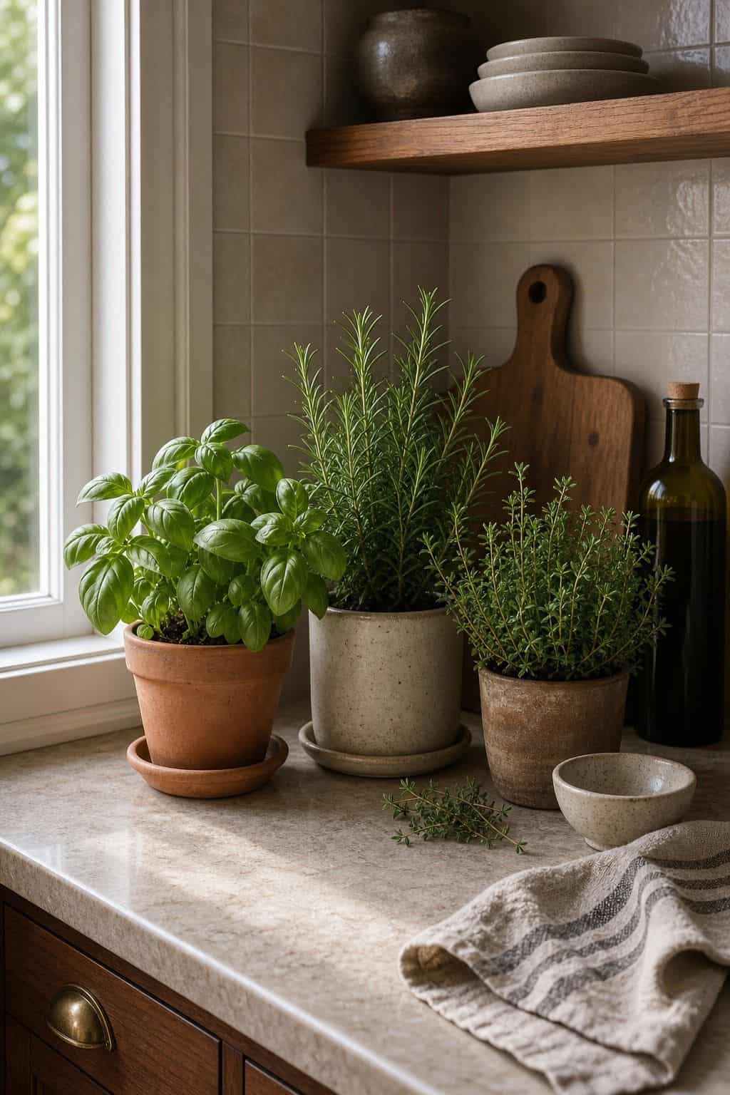 Grow Herbs in Small Pots for Fresh Kitchen Greenery shown as a realistic Pretty Wild World image for 15 Corner Countertop Decor Ideas for a Warm, Beautifully Styled Kitchen.