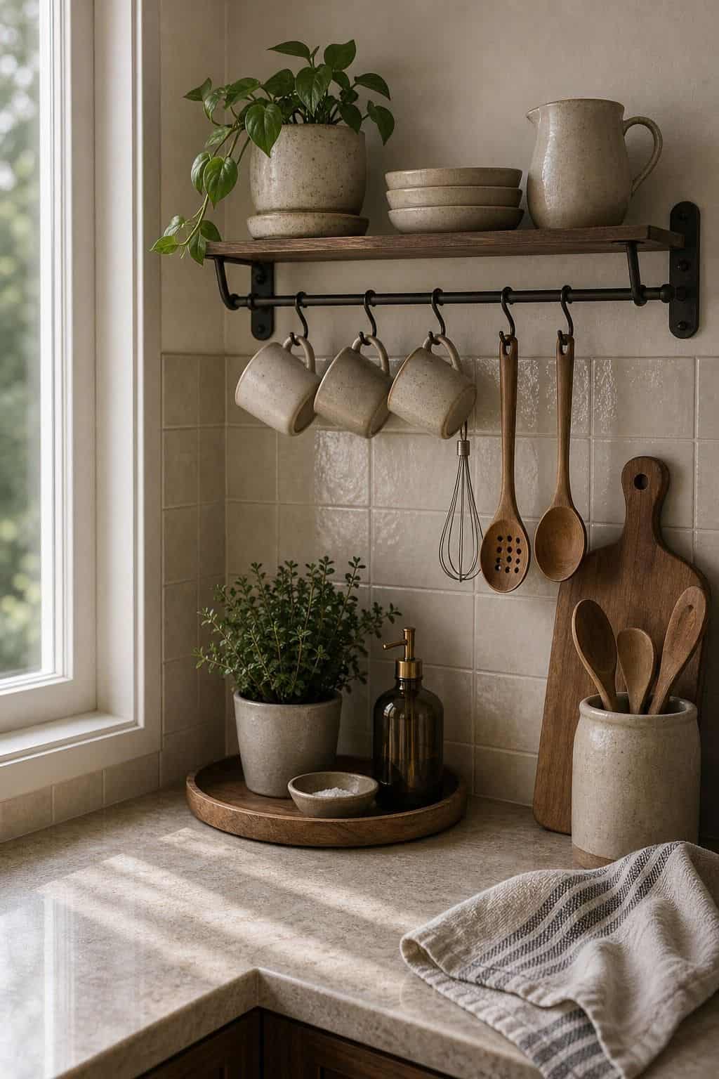 Install a Small Wall Rack Above the Corner for Mugs or Utensils shown as a realistic Pretty Wild World image for 15 Corner Countertop Decor Ideas for a Warm, Beautifully Styled Kitchen.