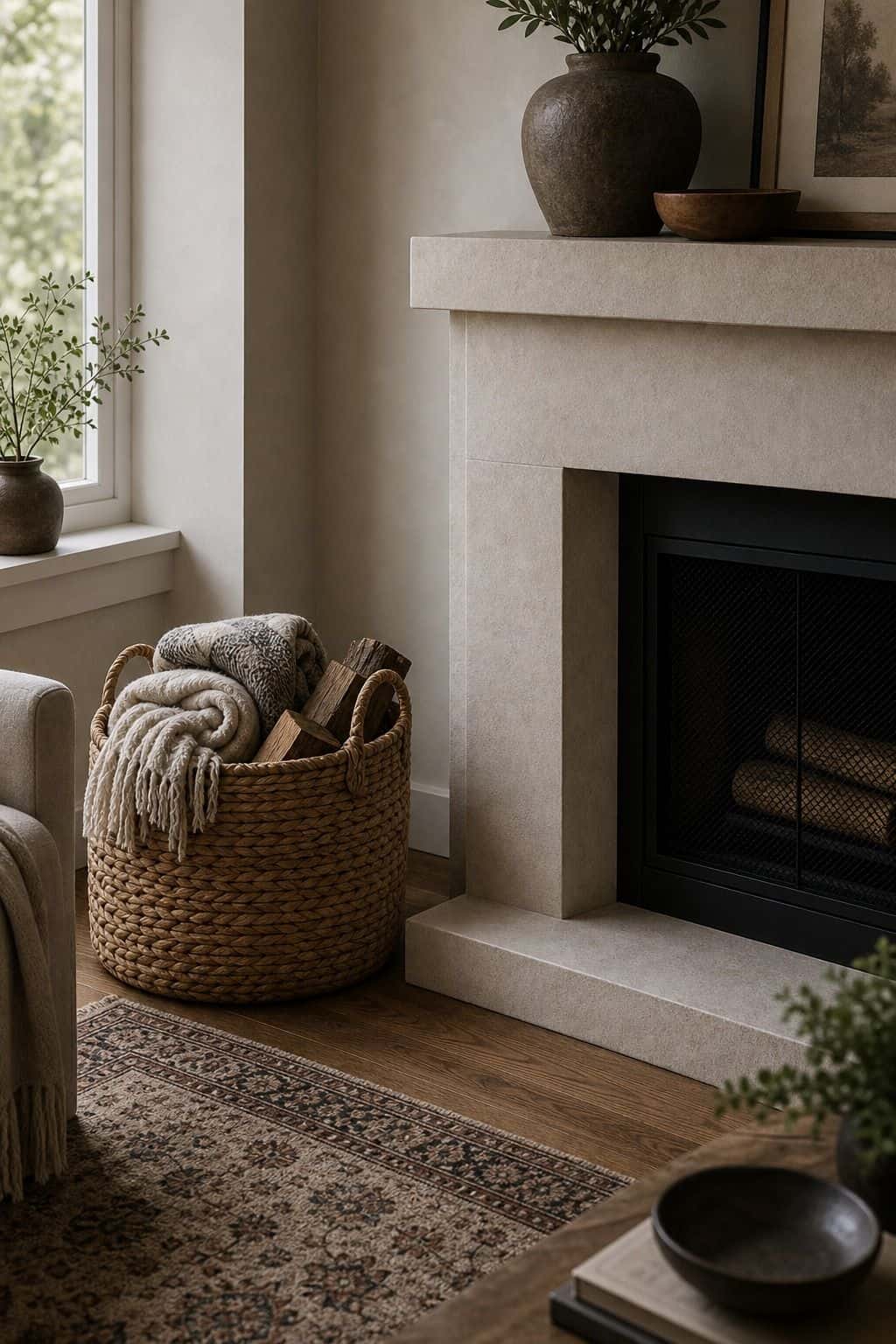 Place a Woven Basket Filled with Throws or Firewood Nearby shown as a realistic Pretty Wild World image for 15 Corner Fireplace Decor Ideas That Make Awkward Spaces Feel Intentional.