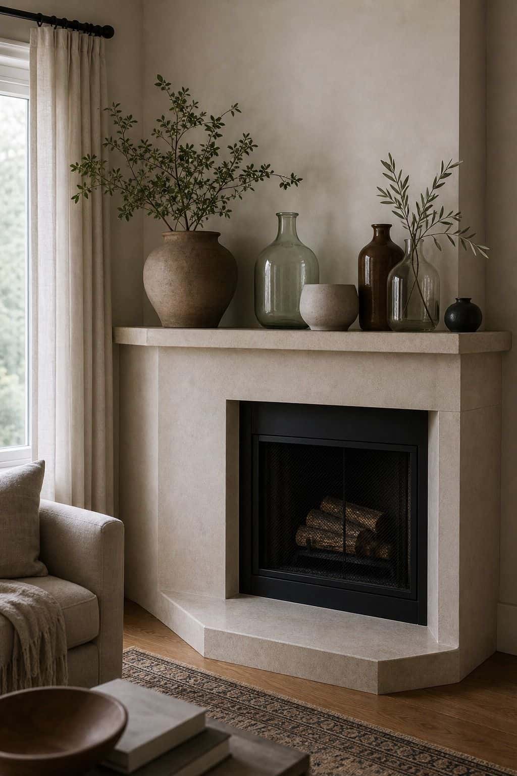 Decorate the Mantel with Vases Made of Glass or Ceramic shown as a realistic Pretty Wild World image for 15 Corner Fireplace Decor Ideas That Make Awkward Spaces Feel Intentional.