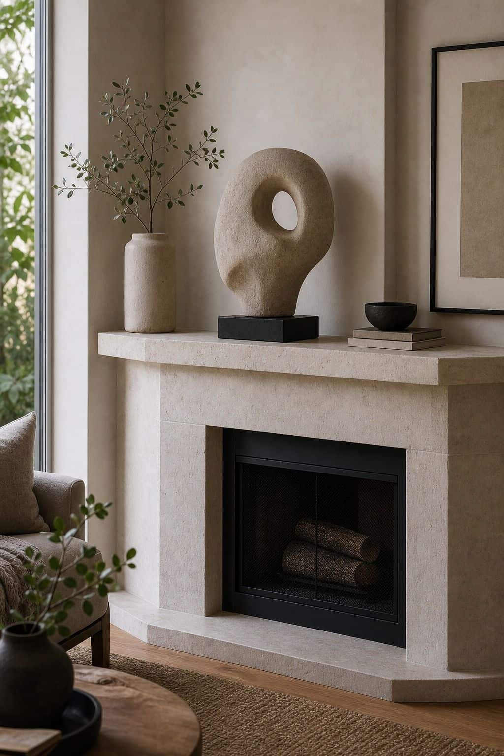 Showcase a Unique Sculpture or Decorative Object as a Centerpiece shown as a realistic Pretty Wild World image for 15 Corner Fireplace Decor Ideas That Make Awkward Spaces Feel Intentional.
