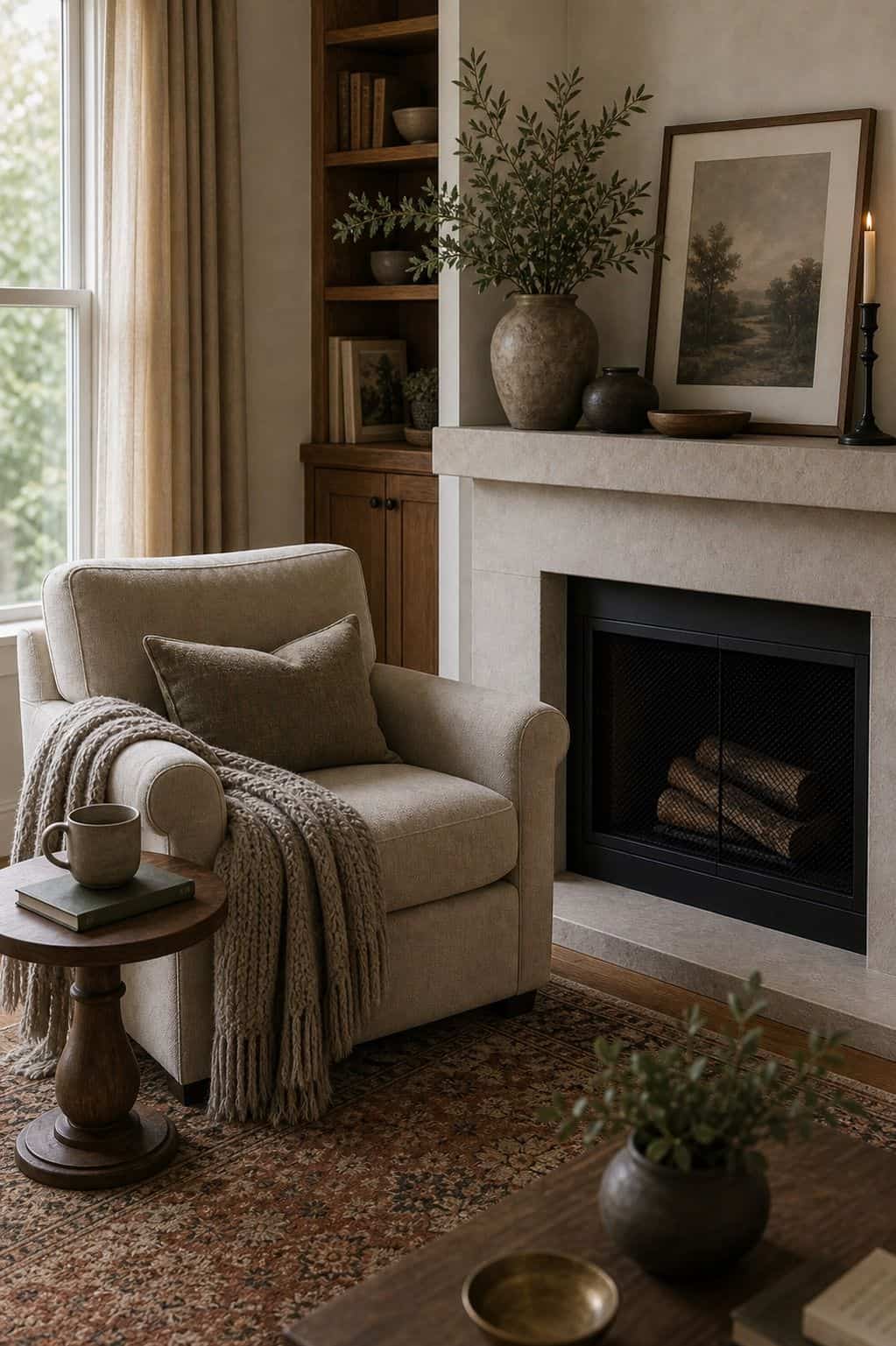 Position a Comfortable Chair and Small Table Close for a Reading Spot shown as a realistic Pretty Wild World image for 15 Corner Fireplace Decor Ideas That Make Awkward Spaces Feel Intentional.