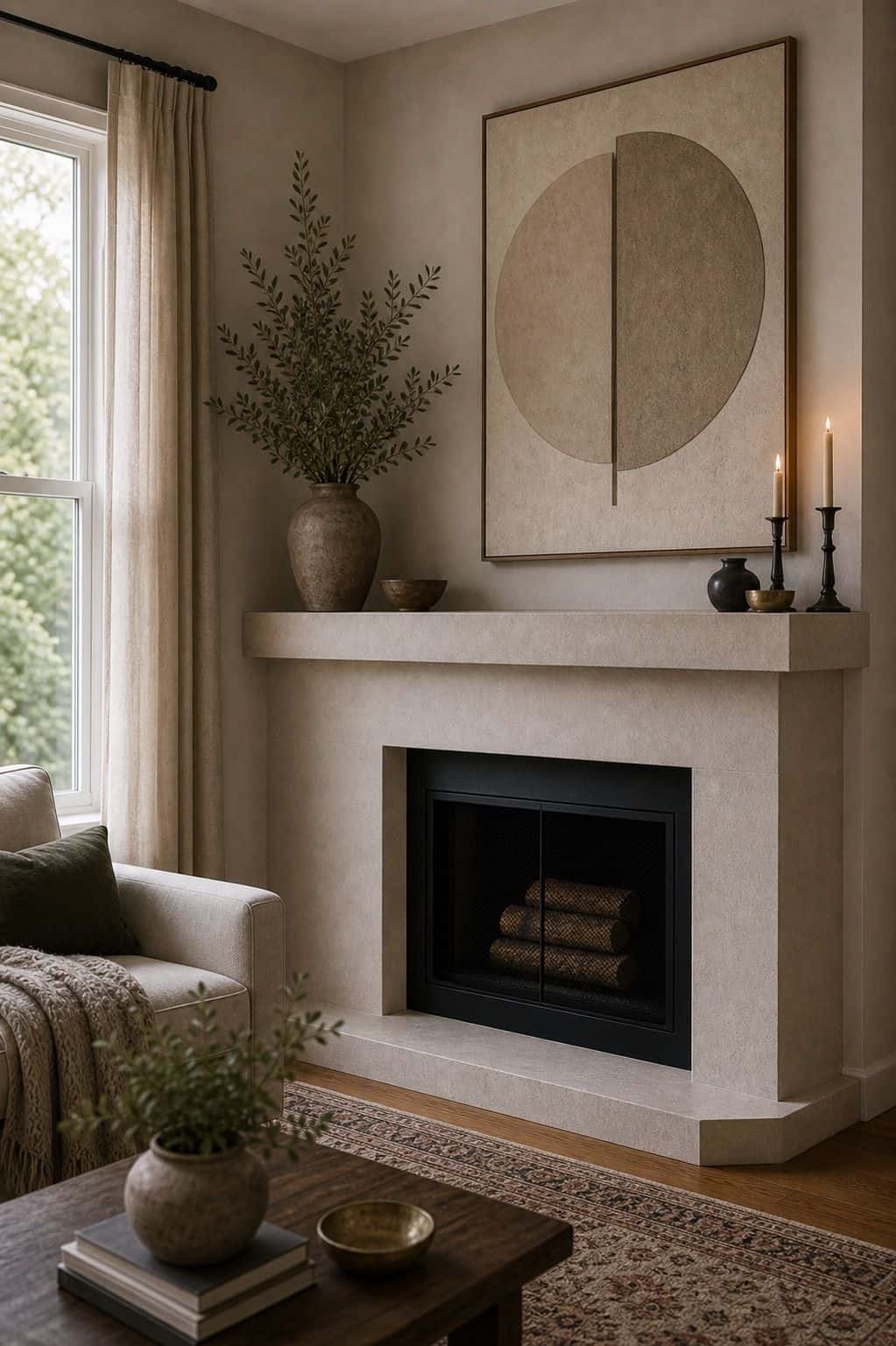 Hang an Oversized Clock or Eye-Catching Artwork Above the Fireplace shown as a realistic Pretty Wild World image for 15 Corner Fireplace Decor Ideas That Make Awkward Spaces Feel Intentional.