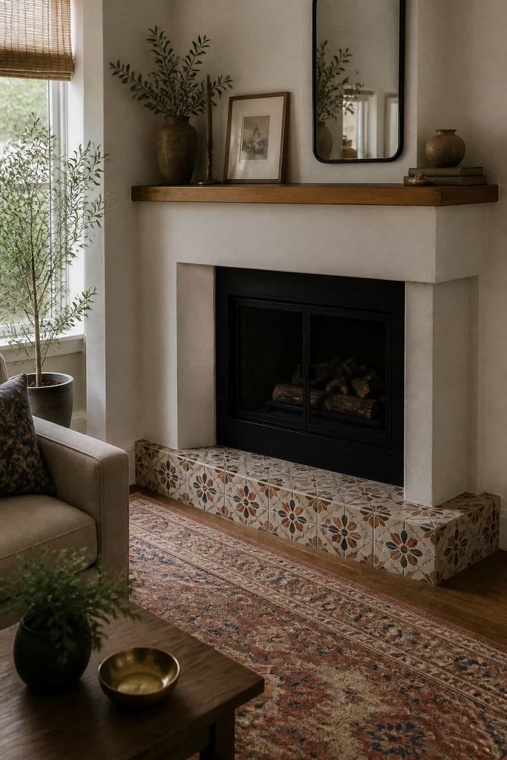 Place a Patterned Rug or Decorative Tiles in Front of the Hearth for Color shown as a realistic Pretty Wild World image for 15 Corner Fireplace Decor Ideas That Make Awkward Spaces Feel Intentional.