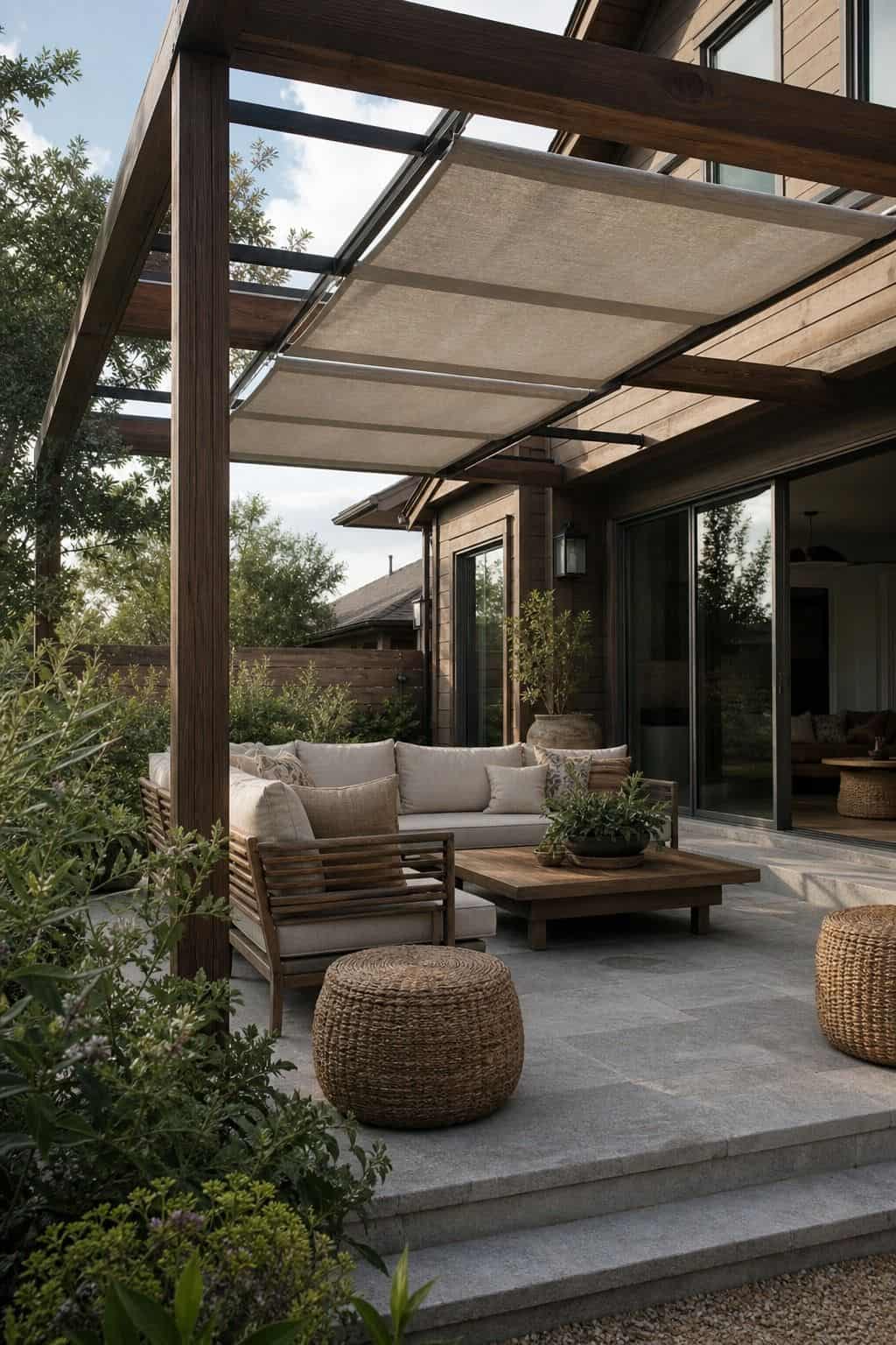 Install a Pergola Featuring Retractable Fabric Panels for Adjustable Shade shown as a realistic Pretty Wild World image for 15 Covered Outdoor Patio Ideas for an Effortless Outdoor Living Aesthetic.