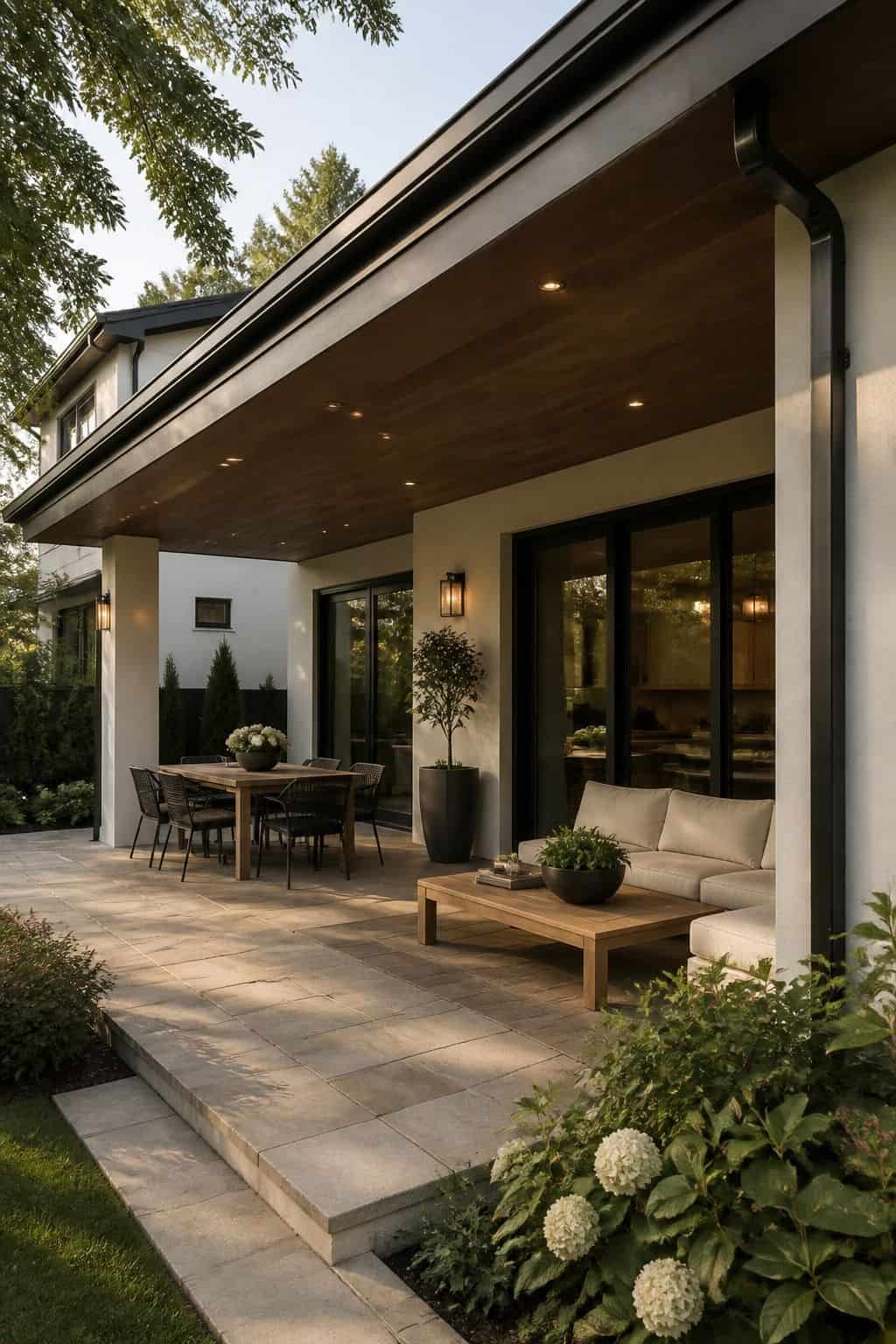 Extend Your Home with a Roofed Patio Area shown as a realistic Pretty Wild World image for 15 Covered Outdoor Patio Ideas for an Effortless Outdoor Living Aesthetic.
