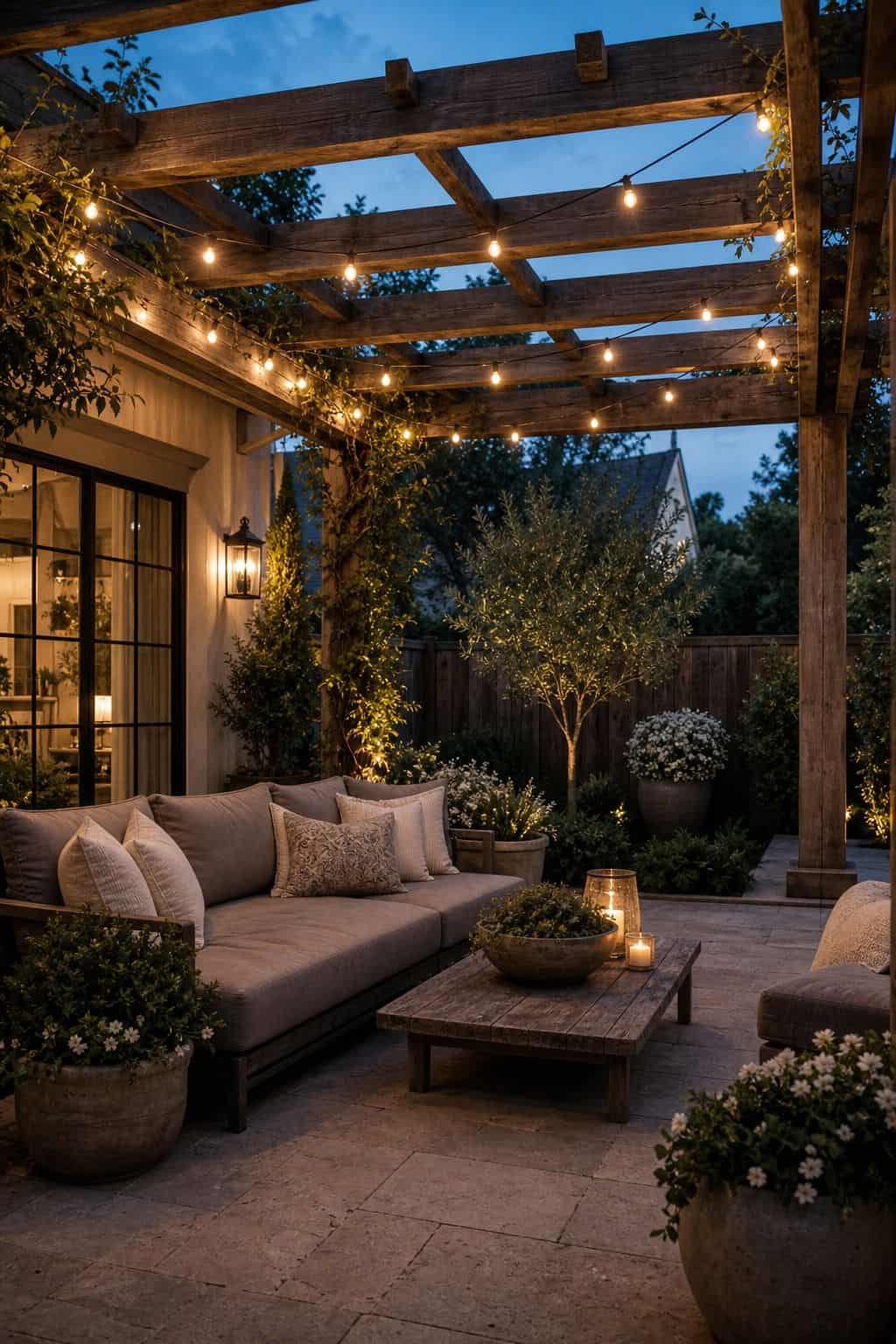 Add String Lights to a Covered Pergola for a Cozy Atmosphere shown as a realistic Pretty Wild World image for 15 Covered Outdoor Patio Ideas for an Effortless Outdoor Living Aesthetic.