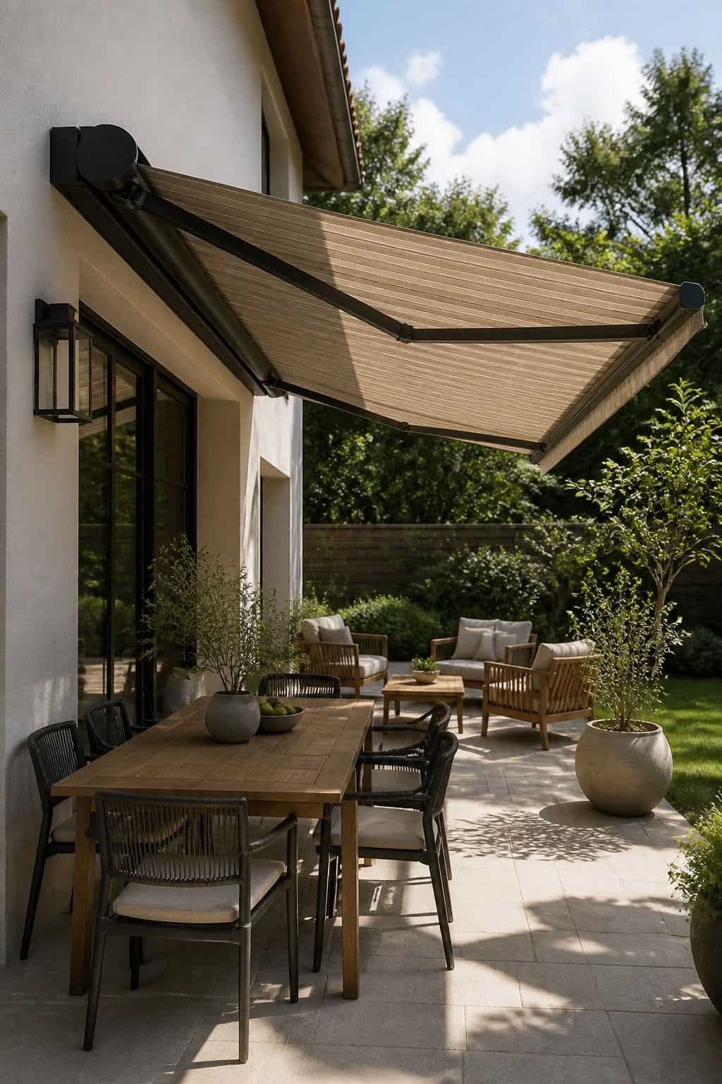 Set Up a Retractable Awning for Versatile Coverage Options shown as a realistic Pretty Wild World image for 15 Covered Outdoor Patio Ideas for an Effortless Outdoor Living Aesthetic.