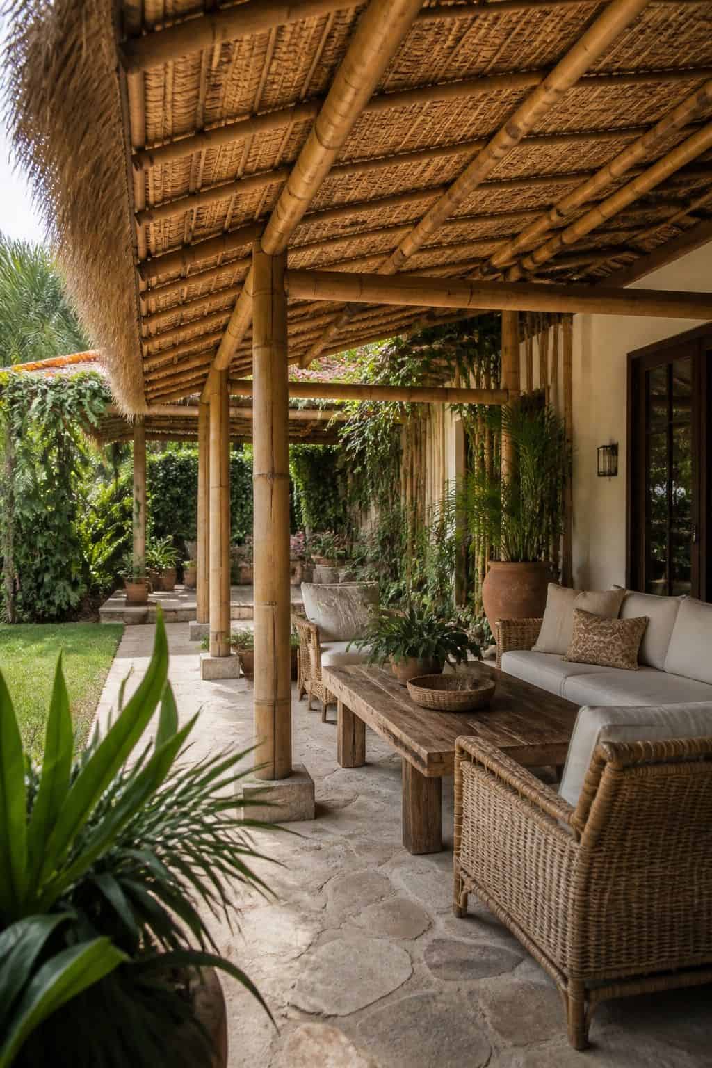 Use Bamboo or Thatch Roofing Materials for a Tropical Feel shown as a realistic Pretty Wild World image for 15 Covered Outdoor Patio Ideas for an Effortless Outdoor Living Aesthetic.