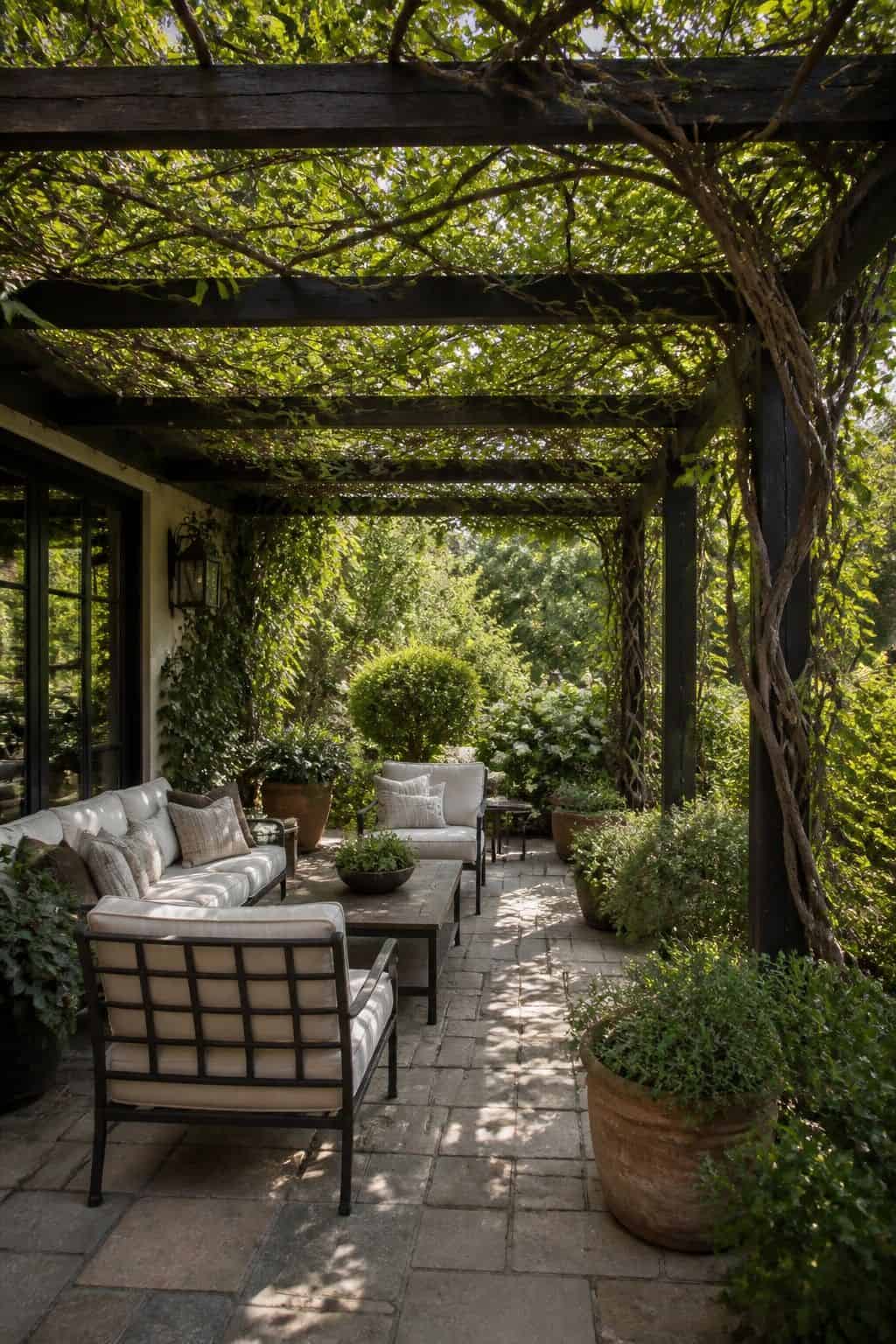 Use Wooden or Metal Beams Adorned with Climbing Plants for Shade shown as a realistic Pretty Wild World image for 15 Covered Outdoor Patio Ideas for an Effortless Outdoor Living Aesthetic.