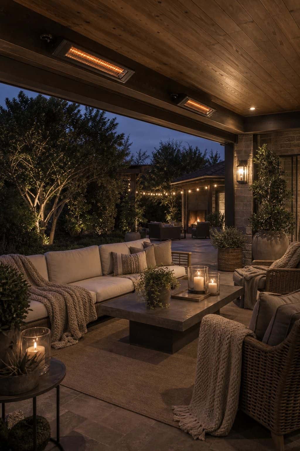 Install Built-In Heaters Beneath the Cover to Stay Warm on Cool Evenings shown as a realistic Pretty Wild World image for 15 Covered Outdoor Patio Ideas for an Effortless Outdoor Living Aesthetic.
