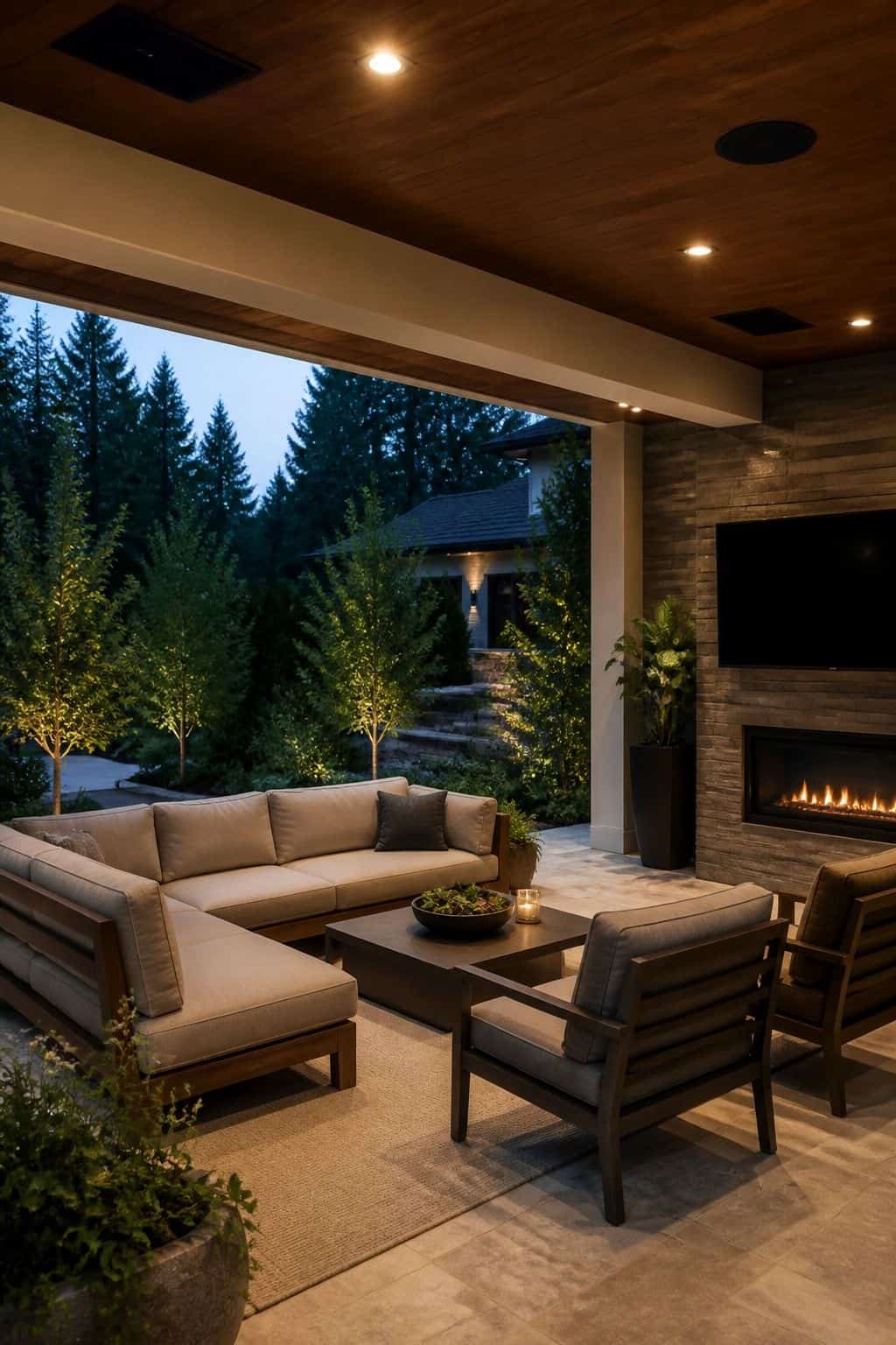 Create a Covered Patio Space with Integrated Lighting and Audio Systems shown as a realistic Pretty Wild World image for 15 Covered Outdoor Patio Ideas for an Effortless Outdoor Living Aesthetic.
