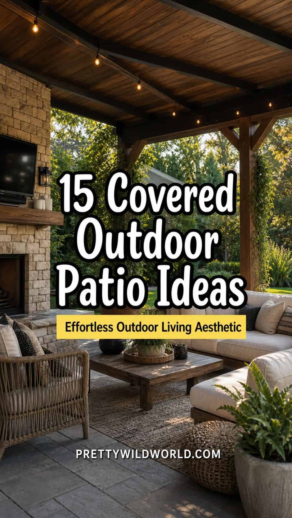 Pinterest pin for 15 Covered Outdoor Patio Ideas for an Effortless Outdoor Living Aesthetic from Pretty Wild World.