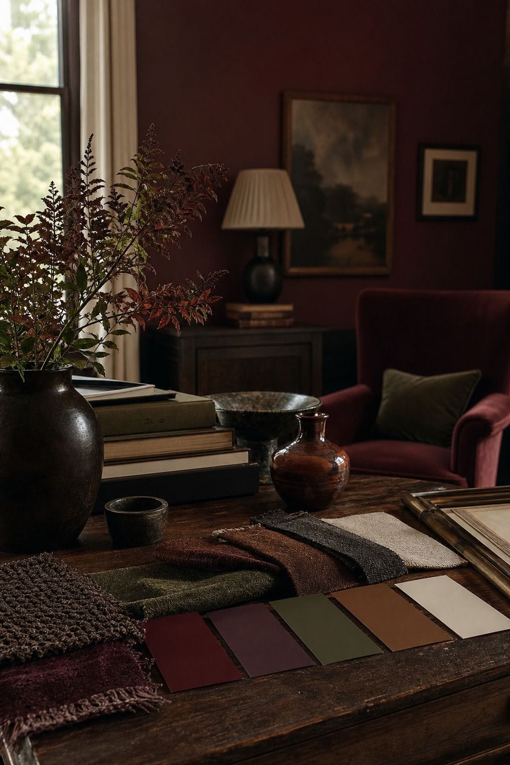Editorial dark living room image for a warm-deep wall color, showing a warm-deep wall color as the unmistakable decorating idea, with layered dark walls, comfortable seating, real wood, tactile textiles, art, lamps, books or collected objects where appropriate. The scene feels collected and realistic with comfortable seating, aged wood, deep colors, layered textiles, warm lamps, soft natural daylight, and practical styling that supports the article's moody decorating advice.