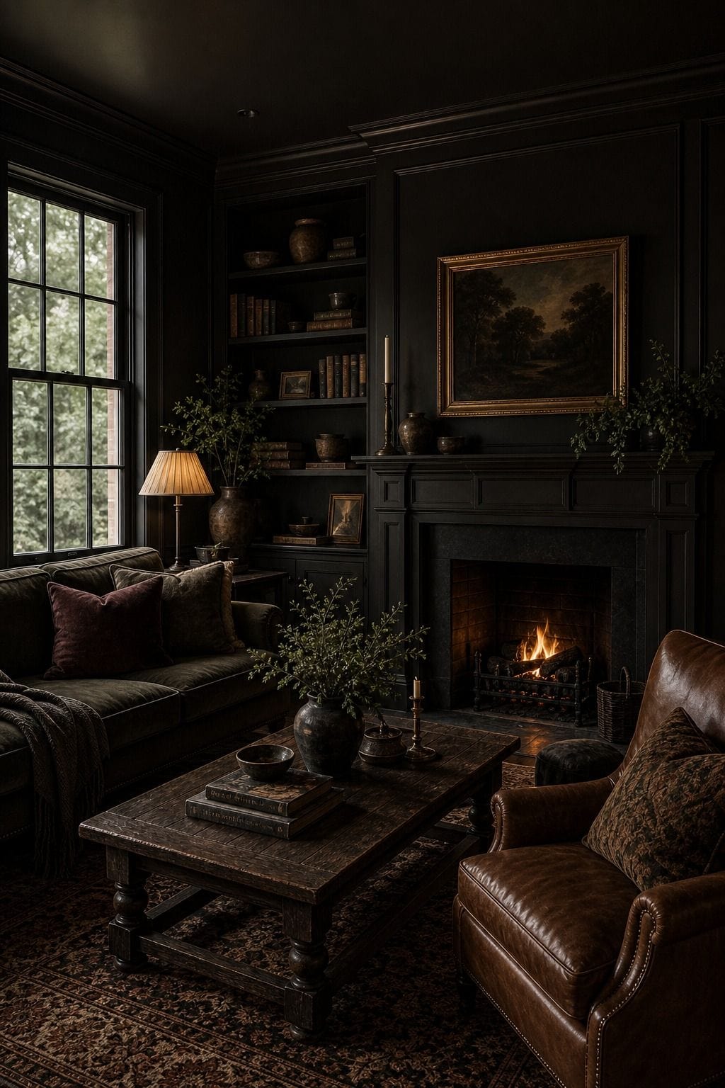 Editorial dark living room image for color-drench the whole room, showing color-drench the whole room as the unmistakable decorating idea, with layered dark walls, comfortable seating, real wood, tactile textiles, art, lamps, books or collected objects where appropriate. The scene feels collected and realistic with comfortable seating, aged wood, deep colors, layered textiles, warm lamps, soft natural daylight, and practical styling that supports the article's moody decorating advice.