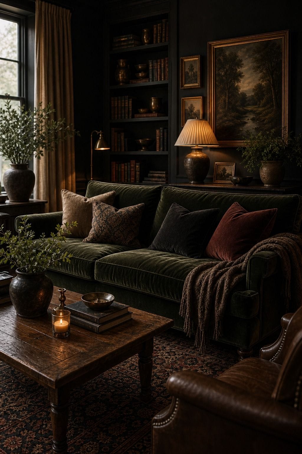 Editorial dark living room image for a deep velvet sofa, showing a deep velvet sofa as the unmistakable decorating idea, with layered dark walls, comfortable seating, real wood, tactile textiles, art, lamps, books or collected objects where appropriate. The scene feels collected and realistic with comfortable seating, aged wood, deep colors, layered textiles, warm lamps, soft natural daylight, and practical styling that supports the article's moody decorating advice.