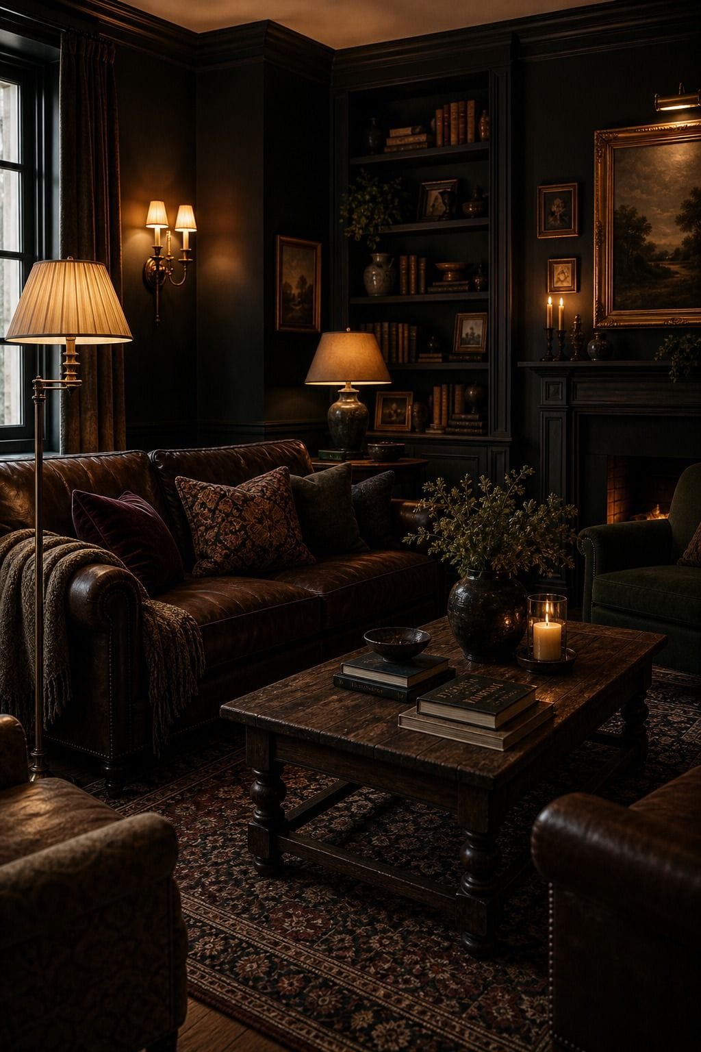Editorial dark living room image for layered warm lighting, showing layered warm lighting as the unmistakable decorating idea, with layered dark walls, comfortable seating, real wood, tactile textiles, art, lamps, books or collected objects where appropriate. The scene feels collected and realistic with comfortable seating, aged wood, deep colors, layered textiles, warm lamps, soft natural daylight, and practical styling that supports the article's moody decorating advice.