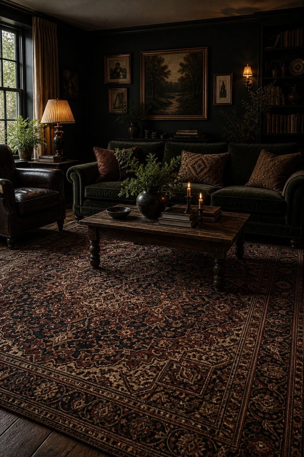 Editorial dark living room image for a rich patterned rug, showing a rich patterned rug as the unmistakable decorating idea, with layered dark walls, comfortable seating, real wood, tactile textiles, art, lamps, books or collected objects where appropriate. The scene feels collected and realistic with comfortable seating, aged wood, deep colors, layered textiles, warm lamps, soft natural daylight, and practical styling that supports the article's moody decorating advice.