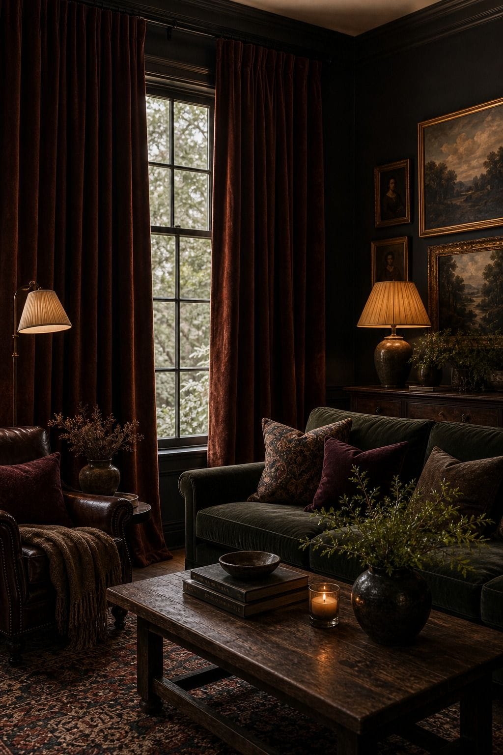 Editorial dark living room image for heavy warm curtains, showing heavy warm curtains as the unmistakable decorating idea, with layered dark walls, comfortable seating, real wood, tactile textiles, art, lamps, books or collected objects where appropriate. The scene feels collected and realistic with comfortable seating, aged wood, deep colors, layered textiles, warm lamps, soft natural daylight, and practical styling that supports the article's moody decorating advice.