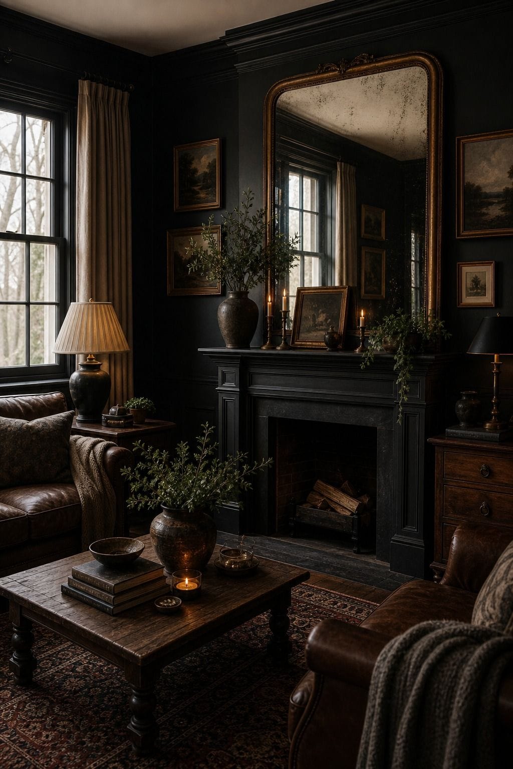 Editorial dark living room image for mirrors to bounce light, showing mirrors to bounce light as the unmistakable decorating idea, with layered dark walls, comfortable seating, real wood, tactile textiles, art, lamps, books or collected objects where appropriate. The scene feels collected and realistic with comfortable seating, aged wood, deep colors, layered textiles, warm lamps, soft natural daylight, and practical styling that supports the article's moody decorating advice.