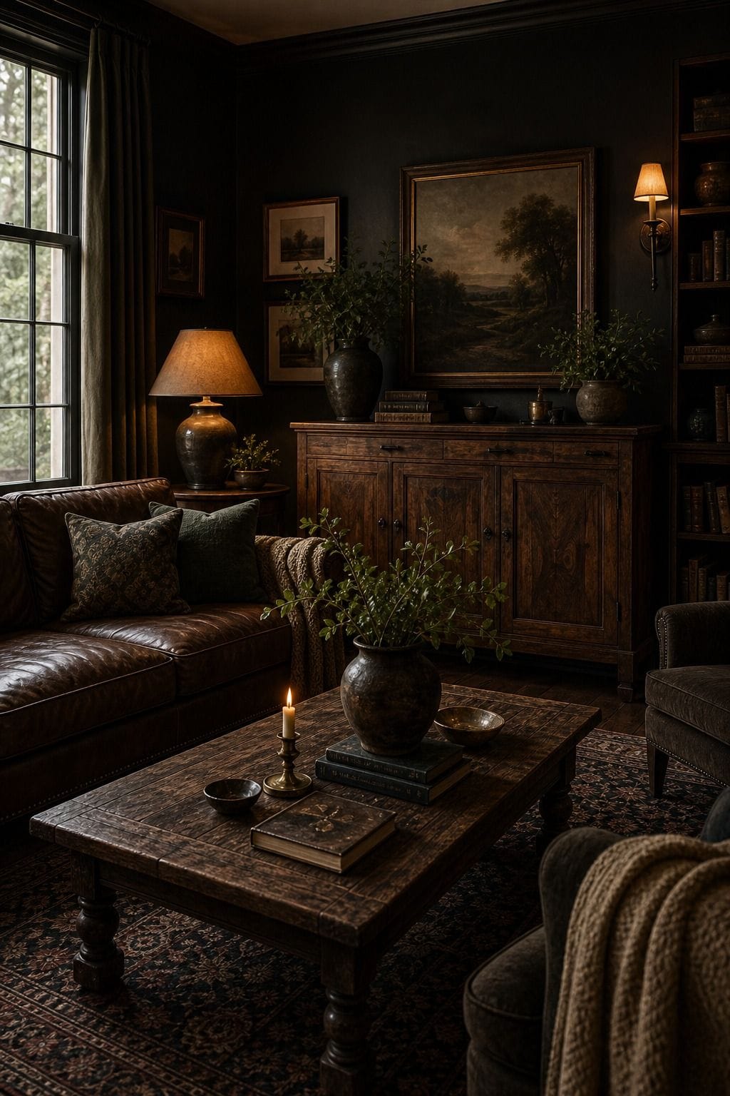 Editorial dark living room image for warm wood furniture, showing warm wood furniture as the unmistakable decorating idea, with layered dark walls, comfortable seating, real wood, tactile textiles, art, lamps, books or collected objects where appropriate. The scene feels collected and realistic with comfortable seating, aged wood, deep colors, layered textiles, warm lamps, soft natural daylight, and practical styling that supports the article's moody decorating advice.