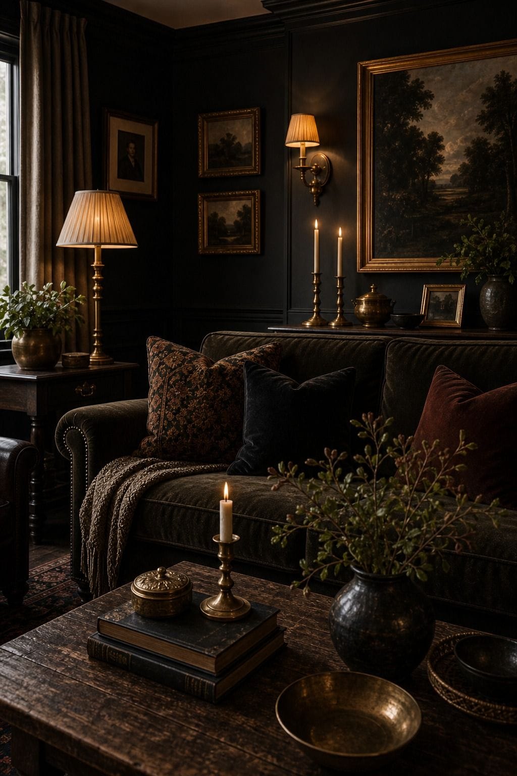 Editorial dark living room image for brass and warm-metal accents, showing brass and warm-metal accents as the unmistakable decorating idea, with layered dark walls, comfortable seating, real wood, tactile textiles, art, lamps, books or collected objects where appropriate. The scene feels collected and realistic with comfortable seating, aged wood, deep colors, layered textiles, warm lamps, soft natural daylight, and practical styling that supports the article's moody decorating advice.