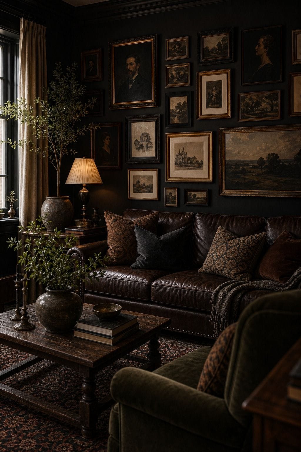 Editorial dark living room image for a dark gallery wall, showing a dark gallery wall as the unmistakable decorating idea, with layered dark walls, comfortable seating, real wood, tactile textiles, art, lamps, books or collected objects where appropriate. The scene feels collected and realistic with comfortable seating, aged wood, deep colors, layered textiles, warm lamps, soft natural daylight, and practical styling that supports the article's moody decorating advice.