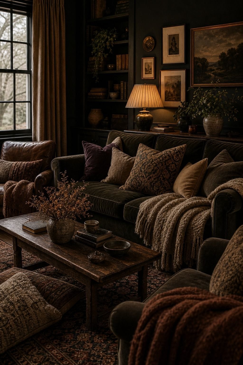 Editorial dark living room image for layered textiles, showing layered textiles as the unmistakable decorating idea, with layered dark walls, comfortable seating, real wood, tactile textiles, art, lamps, books or collected objects where appropriate. The scene feels collected and realistic with comfortable seating, aged wood, deep colors, layered textiles, warm lamps, soft natural daylight, and practical styling that supports the article's moody decorating advice.