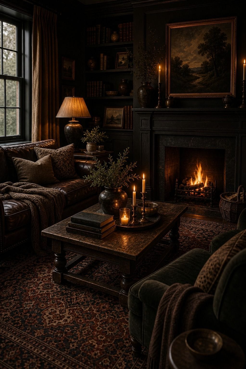 Editorial dark living room image for candlelight and firelight, showing candlelight and firelight as the unmistakable decorating idea, with layered dark walls, comfortable seating, real wood, tactile textiles, art, lamps, books or collected objects where appropriate. The scene feels collected and realistic with comfortable seating, aged wood, deep colors, layered textiles, warm lamps, soft natural daylight, and practical styling that supports the article's moody decorating advice.