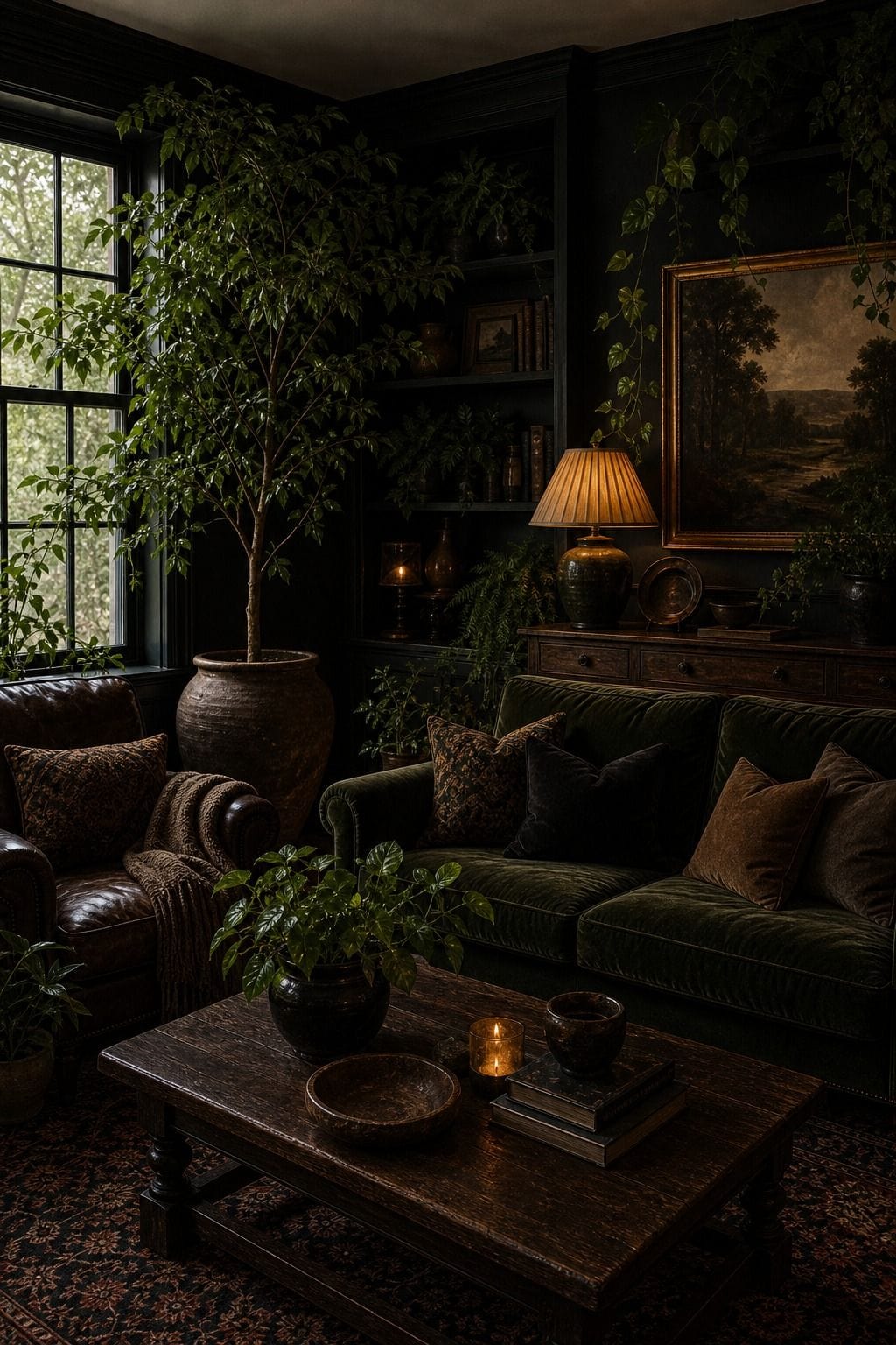 Editorial dark living room image for plants for life, showing plants for life as the unmistakable decorating idea, with layered dark walls, comfortable seating, real wood, tactile textiles, art, lamps, books or collected objects where appropriate. The scene feels collected and realistic with comfortable seating, aged wood, deep colors, layered textiles, warm lamps, soft natural daylight, and practical styling that supports the article's moody decorating advice.