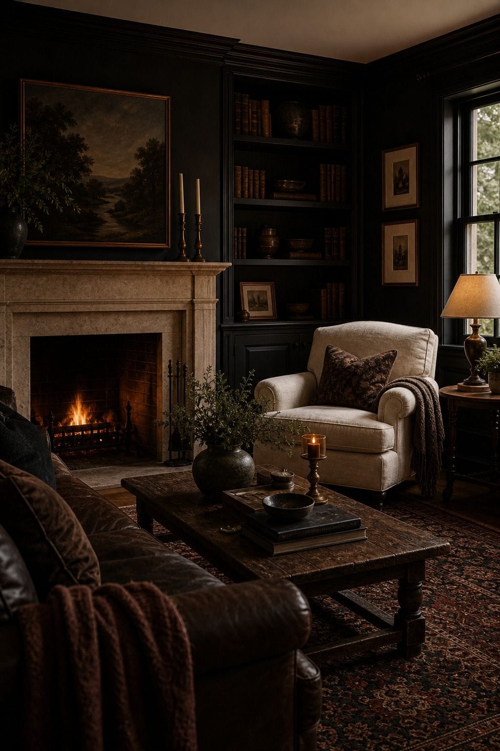 Editorial dark living room image for a pale contrast point, showing a pale contrast point as the unmistakable decorating idea, with layered dark walls, comfortable seating, real wood, tactile textiles, art, lamps, books or collected objects where appropriate. The scene feels collected and realistic with comfortable seating, aged wood, deep colors, layered textiles, warm lamps, soft natural daylight, and practical styling that supports the article's moody decorating advice.