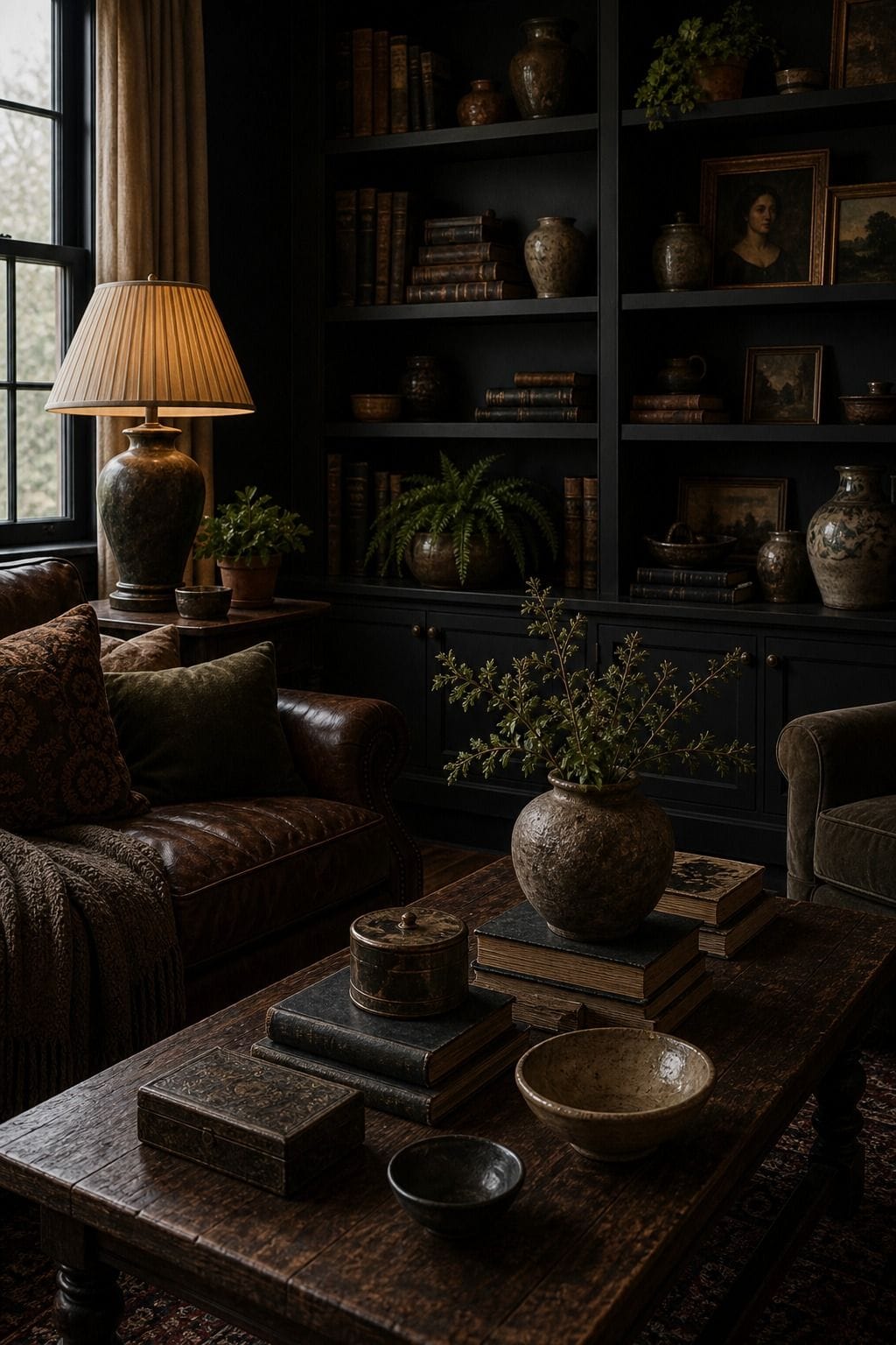 Editorial dark living room image for collected objects with age, showing collected objects with age as the unmistakable decorating idea, with layered dark walls, comfortable seating, real wood, tactile textiles, art, lamps, books or collected objects where appropriate. The scene feels collected and realistic with comfortable seating, aged wood, deep colors, layered textiles, warm lamps, soft natural daylight, and practical styling that supports the article's moody decorating advice.