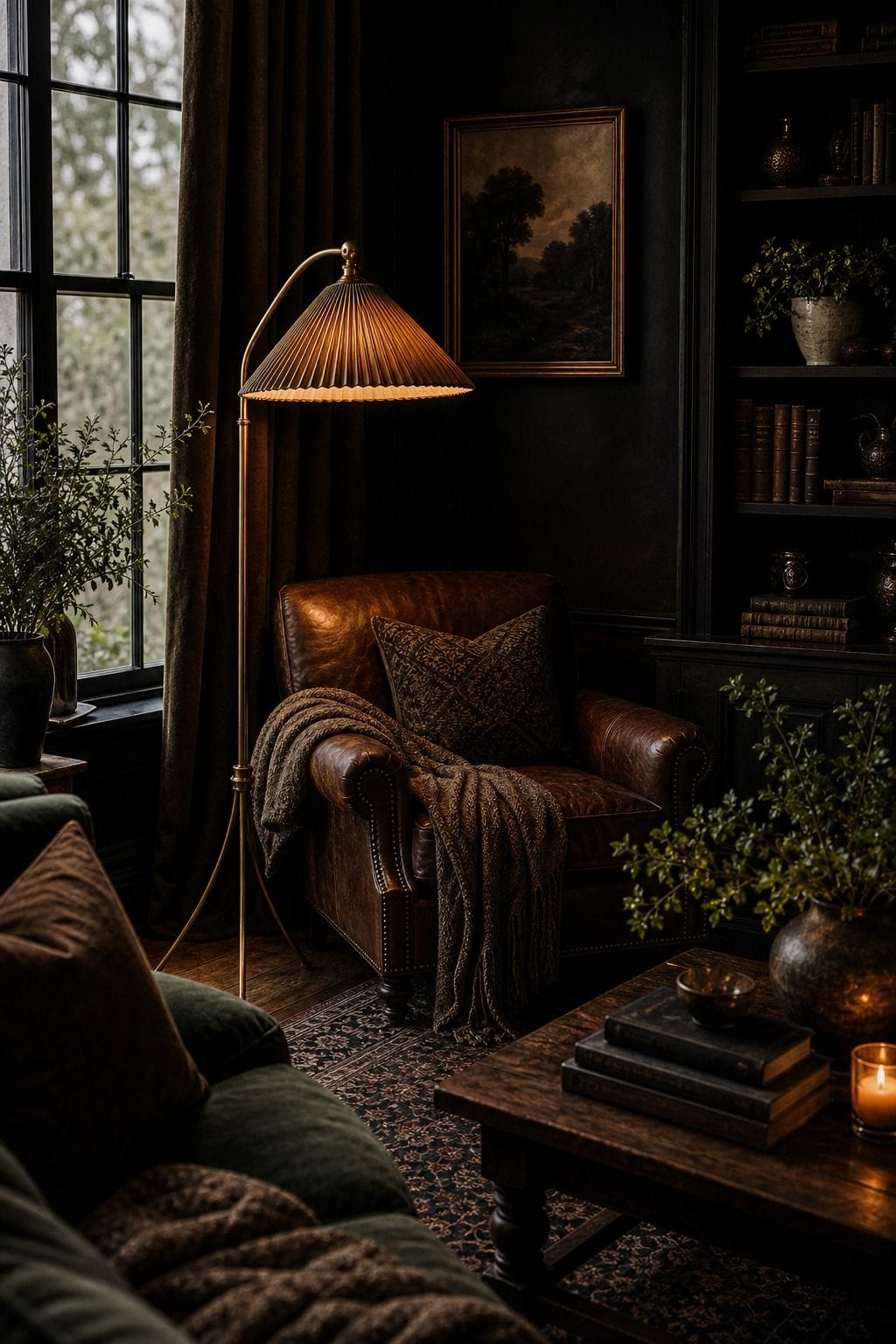 Editorial dark living room image for a statement floor lamp in a corner, showing a statement floor lamp in a corner as the unmistakable decorating idea, with layered dark walls, comfortable seating, real wood, tactile textiles, art, lamps, books or collected objects where appropriate. The scene feels collected and realistic with comfortable seating, aged wood, deep colors, layered textiles, warm lamps, soft natural daylight, and practical styling that supports the article's moody decorating