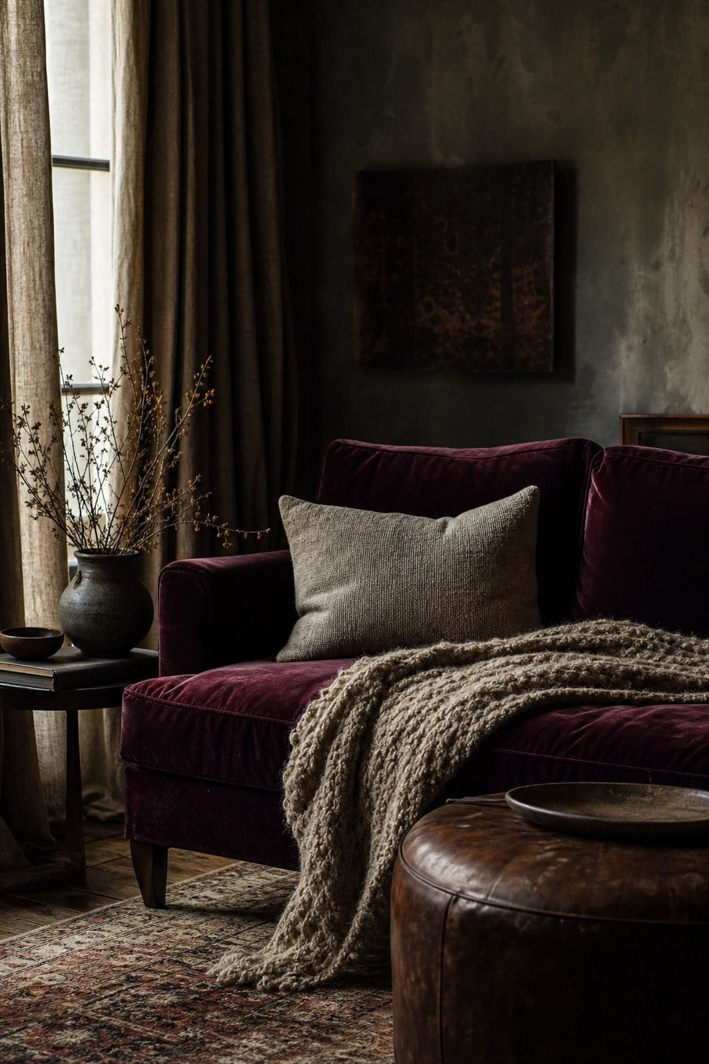 Dark moody aesthetic inspiration showing bring in velvet and heavy texture in a richly layered home interior with deep charcoal, warm espresso, burgundy accents, soft daylight, tactile textiles, and collected vintage details. The scene feels atmospheric, realistic, and livable, offering Pinterest-friendly decor ideas for creating a dramatic but cozy room with depth, contrast, and warmth. It emphasizes practical styling cues readers can adapt, from layered shadows and balanced highlights to colle