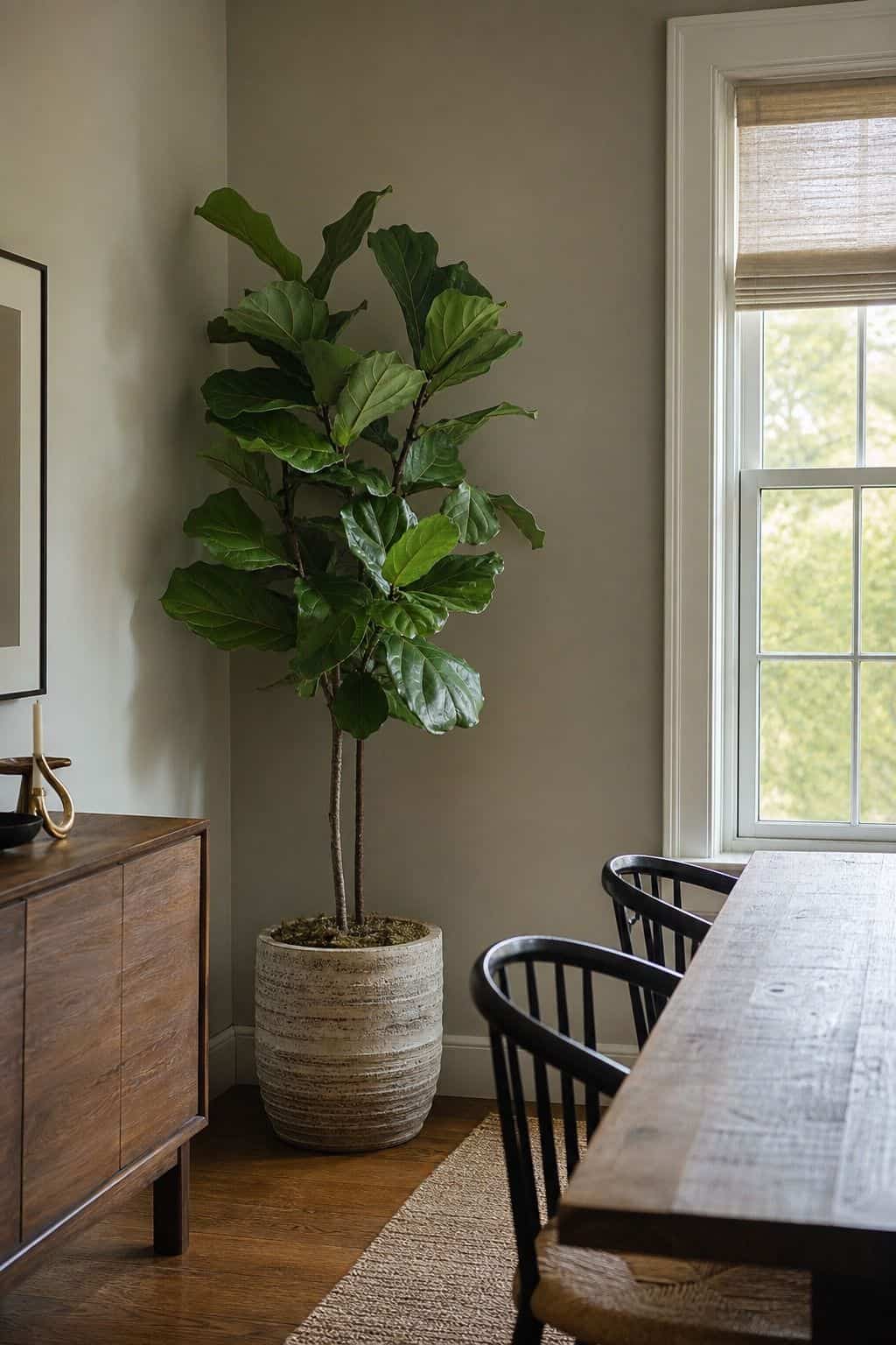 Position a Tall Houseplant, Such as a Fiddle Leaf Fig, to Bring in Greenery shown as a realistic Pretty Wild World image for 15 Dining Room Corner Decor Ideas That Make Awkward Spaces Feel Intentional.