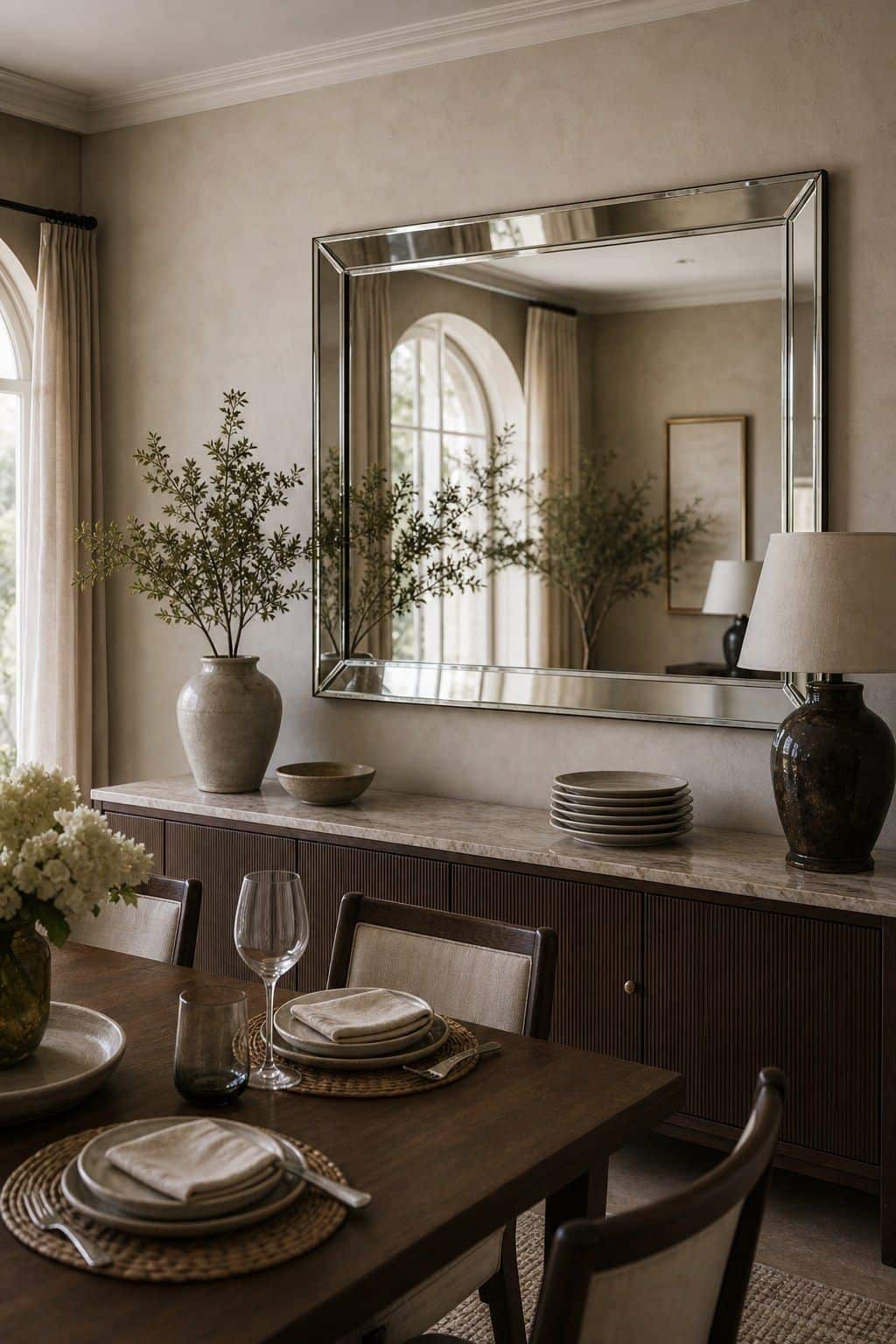 Mount a large rectangular mirror to visually enlarge the space shown as a realistic Pretty Wild World image for 15 Dining Room Mirror Ideas That Make Your Home Feel Brighter and More Curated.