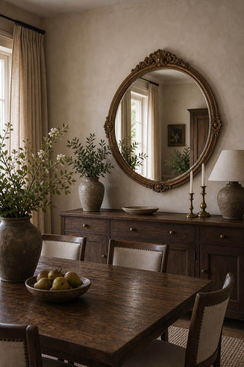 Feature a round mirror with an ornate frame as a centerpiece shown as a realistic Pretty Wild World image for 15 Dining Room Mirror Ideas That Make Your Home Feel Brighter and More Curated.