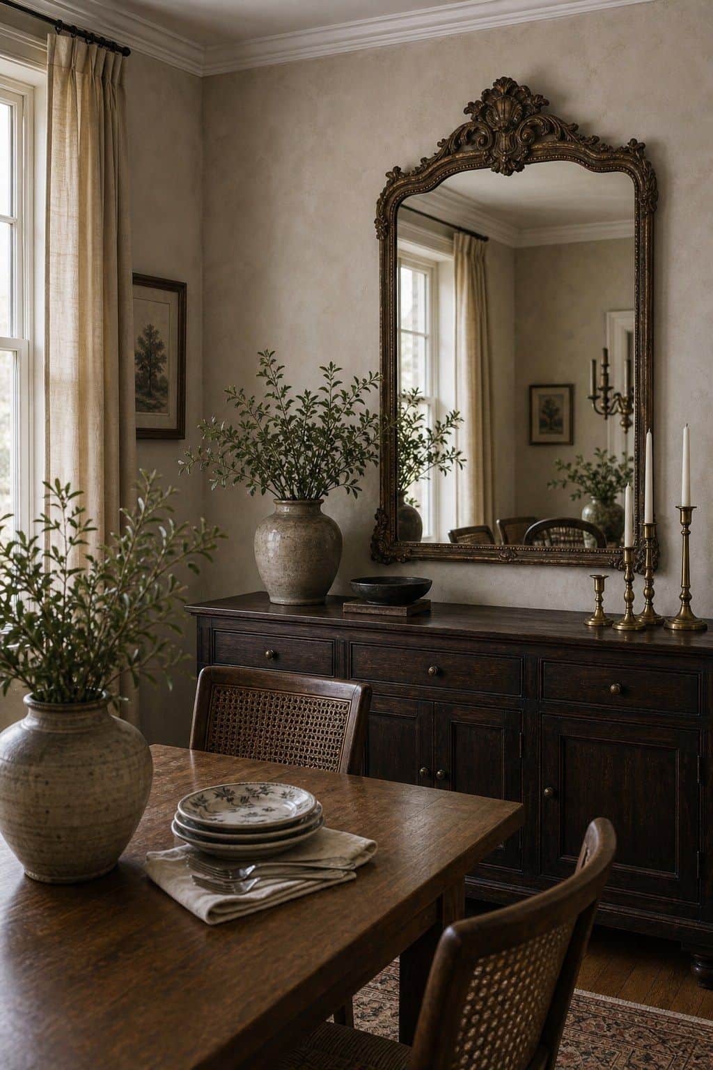 Select a vintage-style mirror with intricate detailing for elegance shown as a realistic Pretty Wild World image for 15 Dining Room Mirror Ideas That Make Your Home Feel Brighter and More Curated.