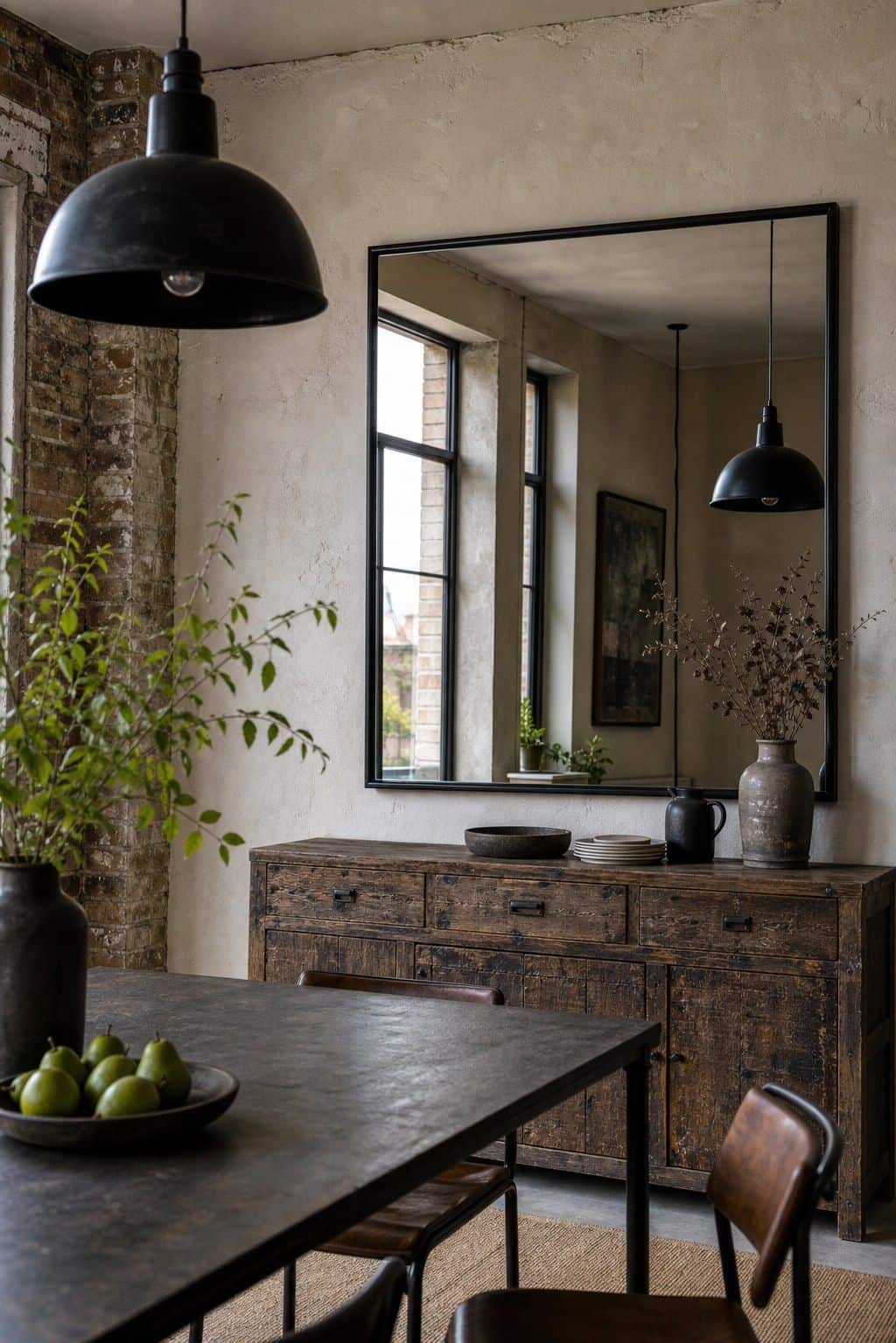 Opt for mirrors framed in metal to achieve an industrial vibe shown as a realistic Pretty Wild World image for 15 Dining Room Mirror Ideas That Make Your Home Feel Brighter and More Curated.