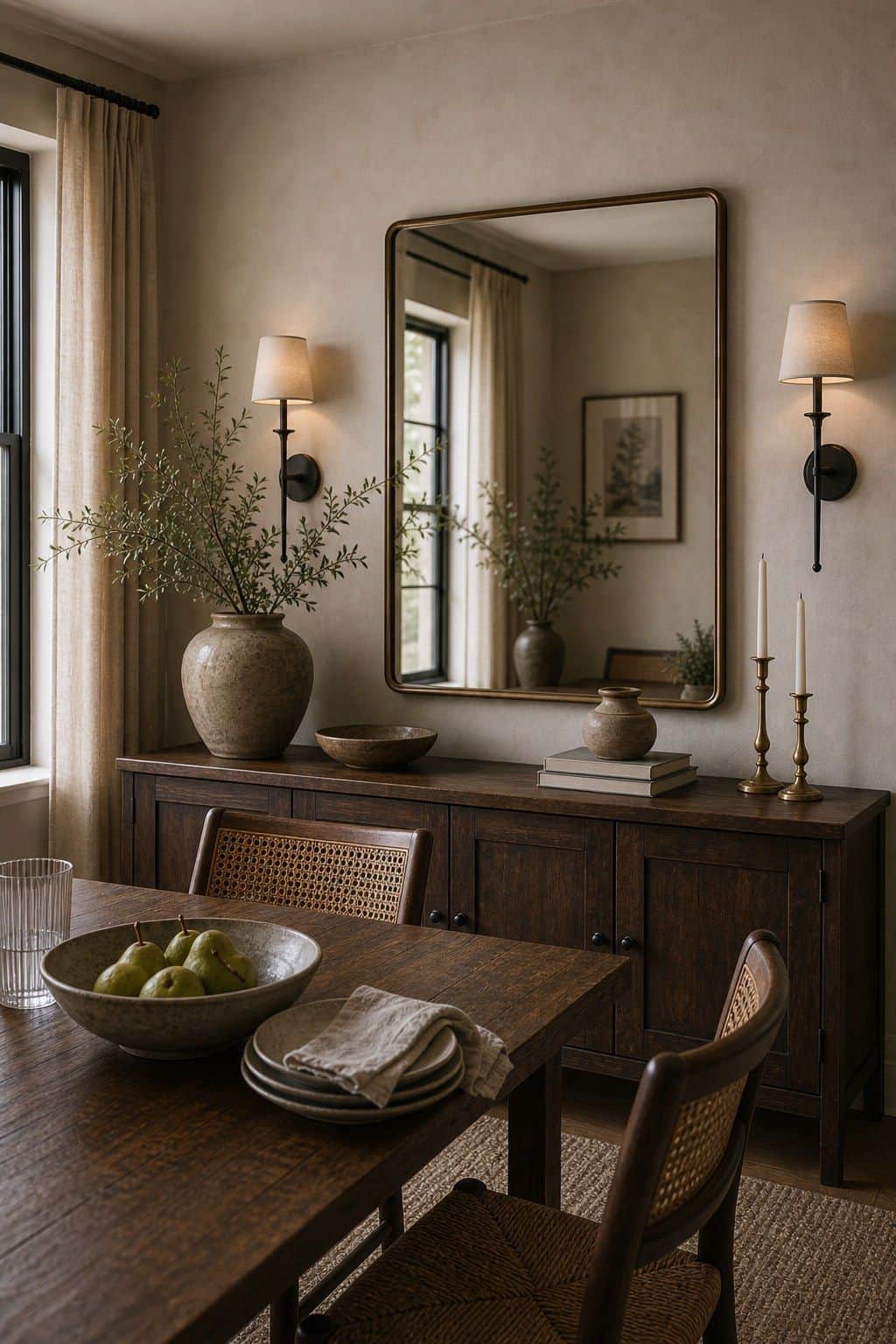 Pair mirrors with wall sconces for harmonious lighting shown as a realistic Pretty Wild World image for 15 Dining Room Mirror Ideas That Make Your Home Feel Brighter and More Curated.
