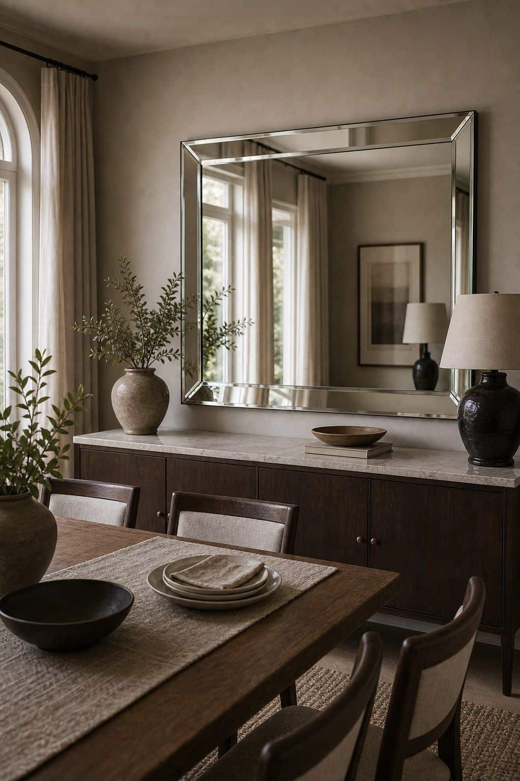 Use beveled-edge mirrors to add a touch of sophistication shown as a realistic Pretty Wild World image for 15 Dining Room Mirror Ideas That Make Your Home Feel Brighter and More Curated.